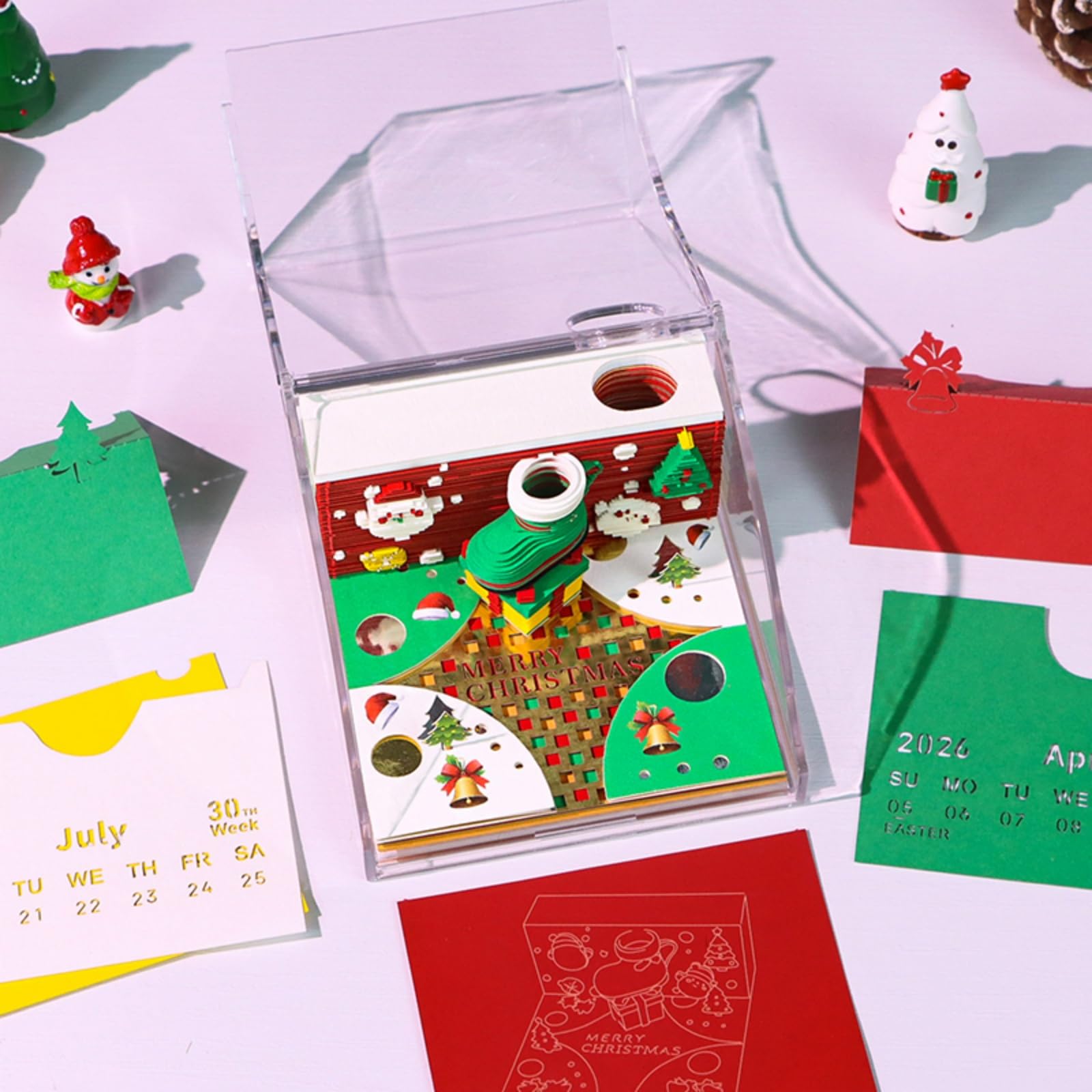 3D-Papierschnitzkalender 2026 mit LED-Licht – Abreiß-Notizblock und Notizblock, Schreibtisch-Dekoration for Weihnachten, Einweihungsfeiern, Zuhause und Büro