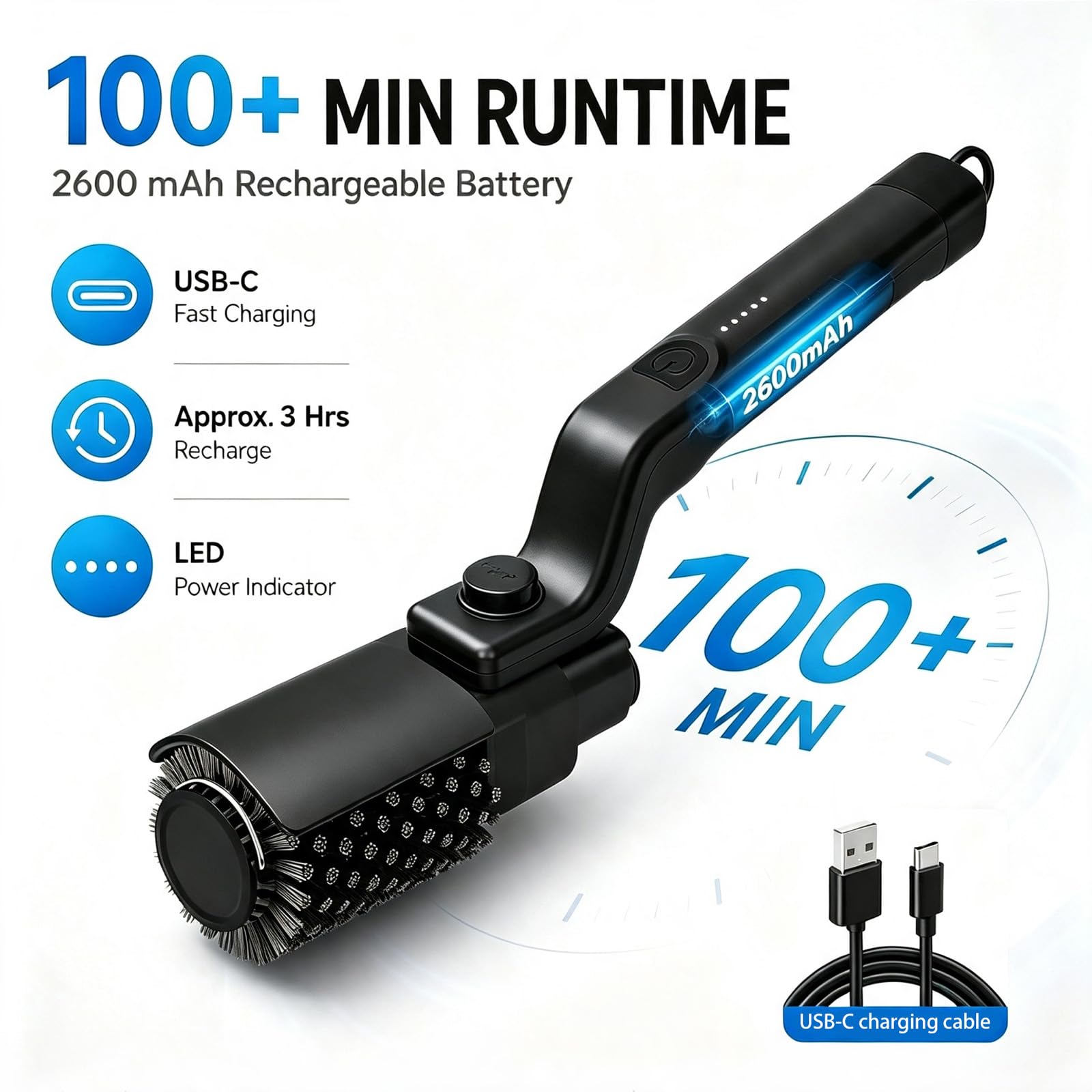 ALLUMK Spazzola grill elettrica impermeabile IPX7, testina orientabile 180°, 3 velocità, 2 testine sostitutive, autonomia oltre 100 min per griglie barbecue