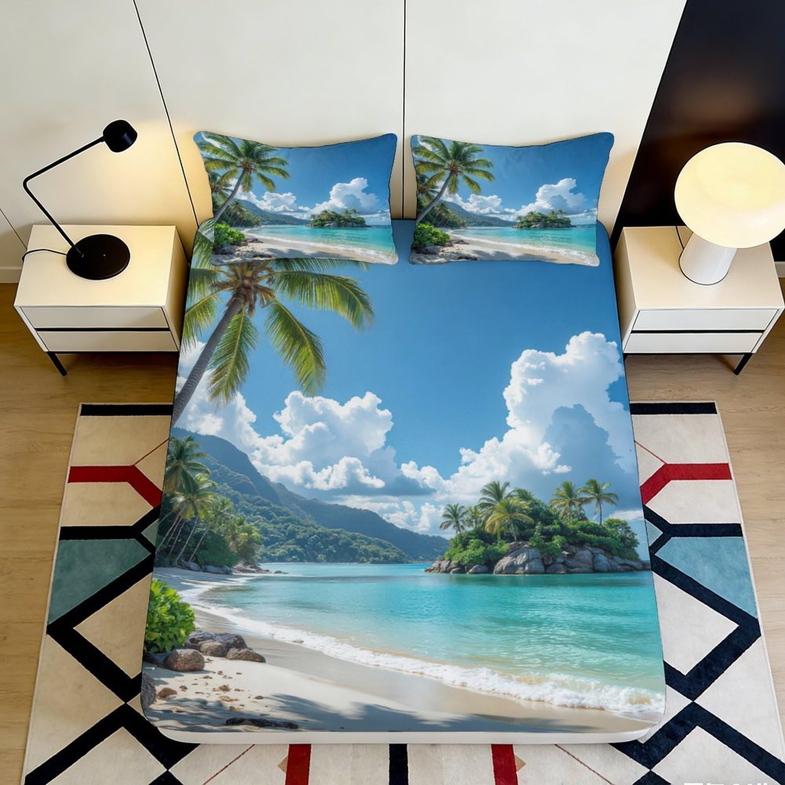 3D Printed Tropical Beach Fitted Sheet Microfiber Soft Palm Island Mattress Cover for Bedroom Dorm Decor 90x200x25cm