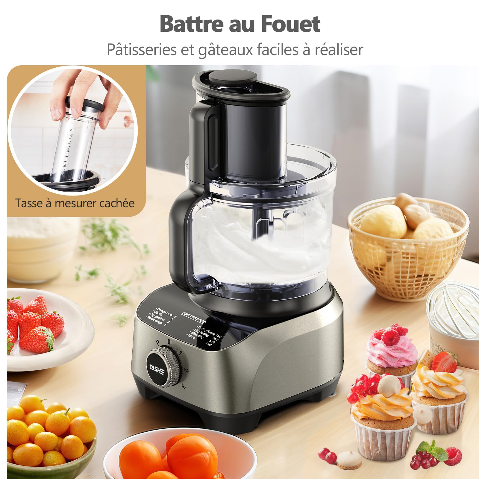 YASHE Robot Cuisine Multifonctions – Blender, Mixeur, Moulin, Presse-Agrumes, Pétrin avec Bol de 2,5L et Blender de 1,5L, 1300W, 3 Vitesses, Fonction Pulse, Verrouillage de Sécurité