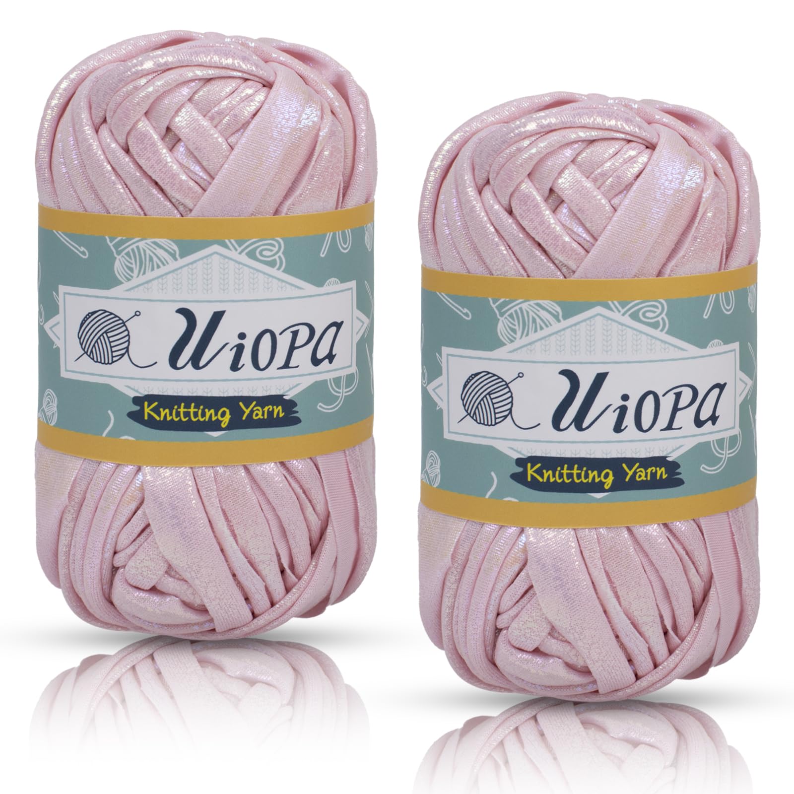 Uiopa Metallic T-Shirt Yarn, 2 x 100g(2 x 33m) Knitting Fabric Cloth Tshirt Yarn, Polyester Chunky Crochet Ribbon for Crocheting Bags, Baskets, Home Decor, DIY Crafts (Light Pink)