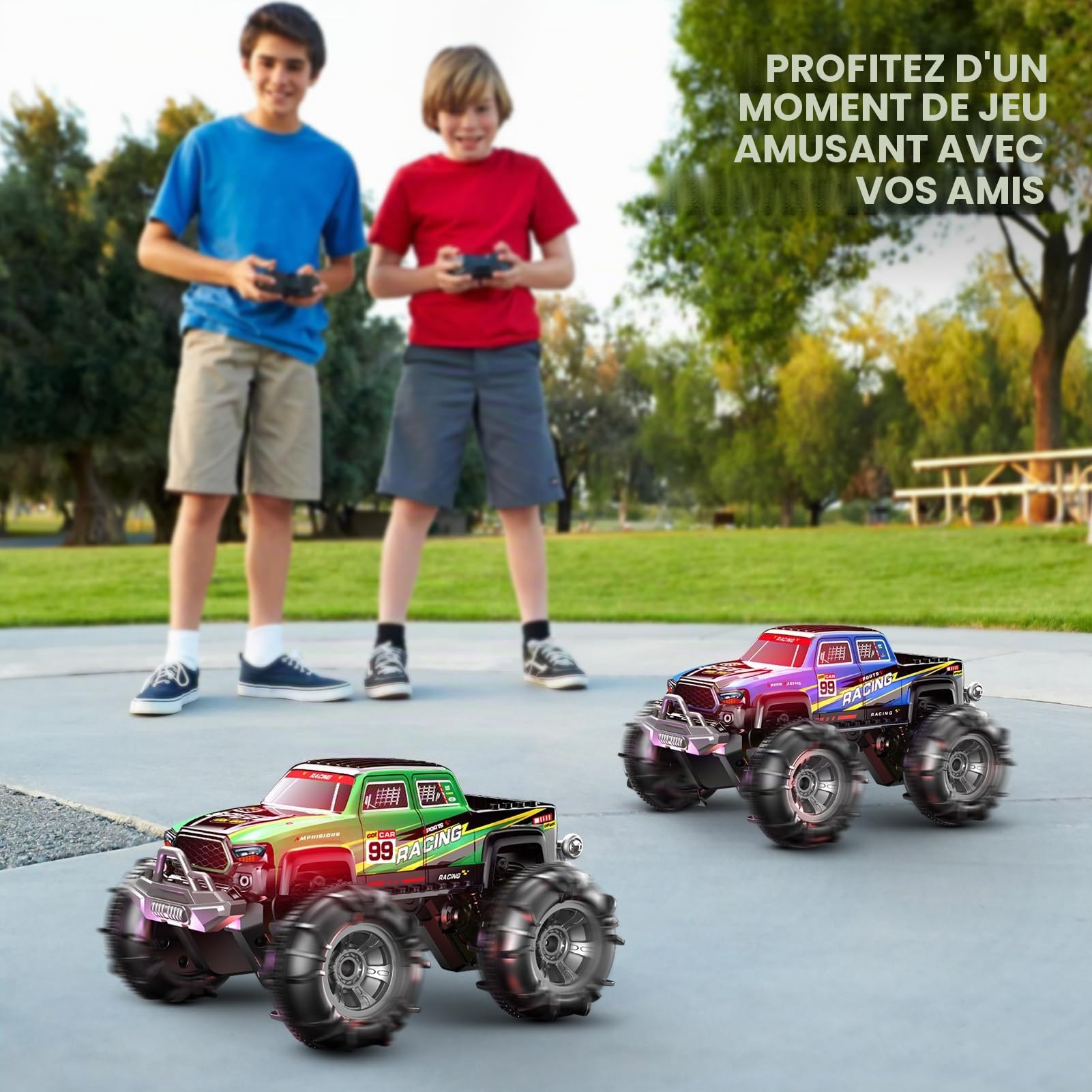 ROUSKY Monster Truck amphibie télécommandé, 2,4 GHz double commande avec montre et contrôleur, voiture télécommandée rotative à 360° avec lumières LED, vert course (vert)
