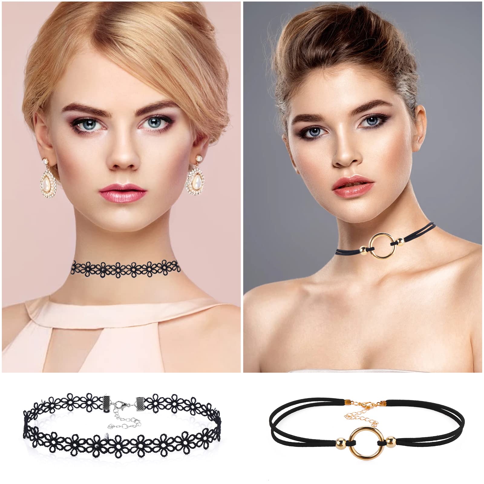 ASTER Zestaw 15 czarnych naszyjników typu choker, dla kobiet, dziewcząt, gotycki kołnierz, koronka, Halloween, Boże Narodzenie