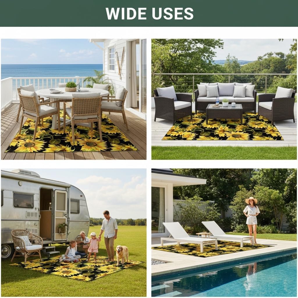 Burgundy Yellow Sunflower Modern Square Indoor Outdoor Area Rug for Patio Deck Backyard Balcony Washable Waterproof Floor Carpet Mat Livingroom Bedroom Laundry Rug 8x8