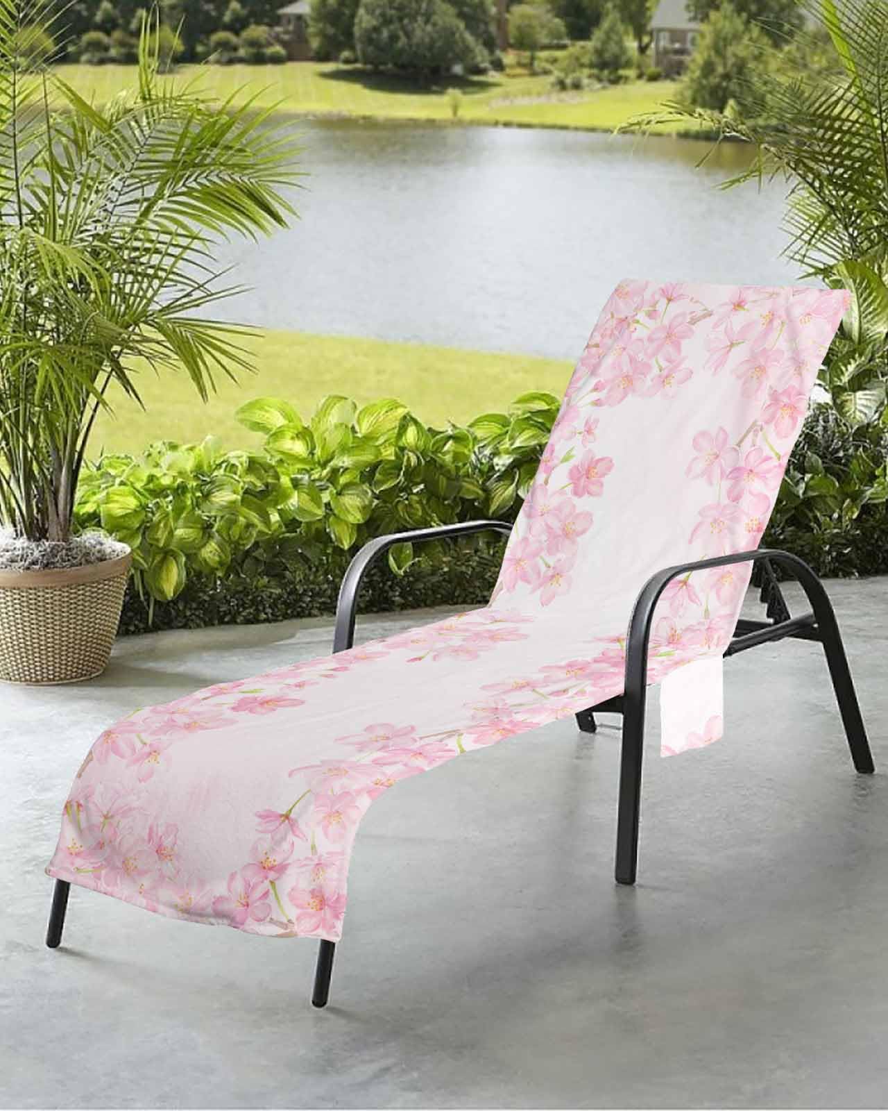 Pink Cherry Blossom Beach Chair Towel Covers for Chaise Lounge with Side Pocket, Soft Plush Pool Towels Cover for Patio Sunbathing Outdoor 29''x85'' Pastoral Floral Botanical Spring Summer