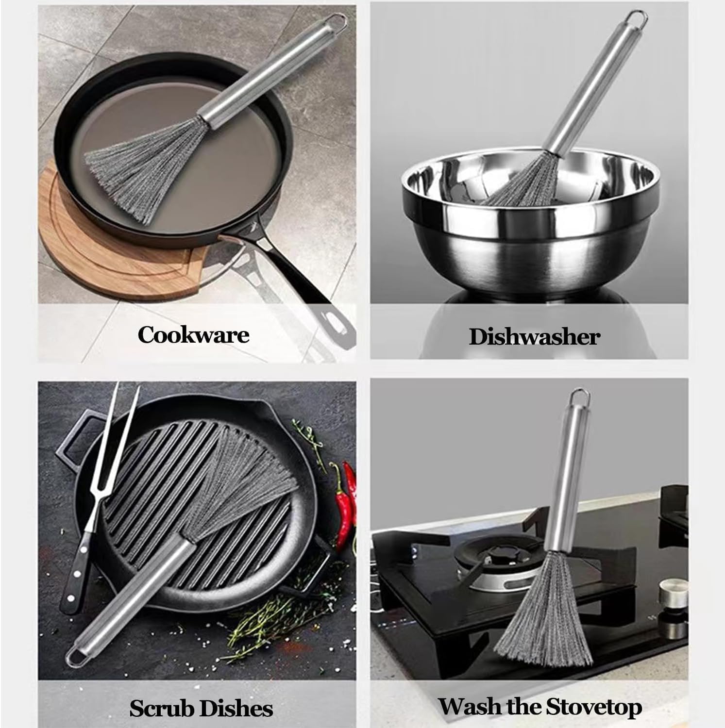 Calway Mart Kitchen Wire Brush, Kitchen Dishwashing Cleaning Brush, Pan/Pot/Dish Scrubber with Handle, Cookware Cleaner Tool, Household Cleaning Supplies 4