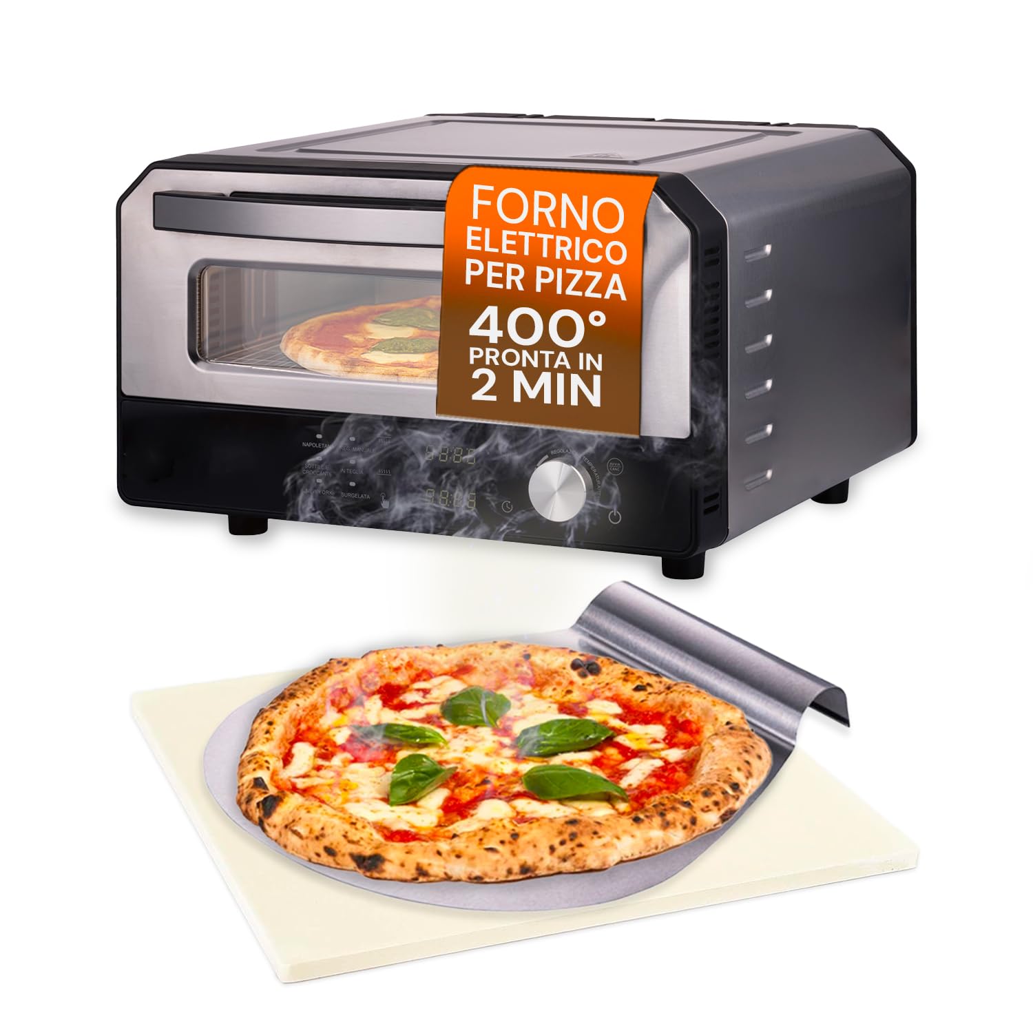 Avilia - Forno Pizza Elettrico 400°C con Display Digitale e 6 Programmi di Cottura, Include Pala per Pizza in Acciaio Inox, Facile da Usare con Controllo Preciso della Temperatura