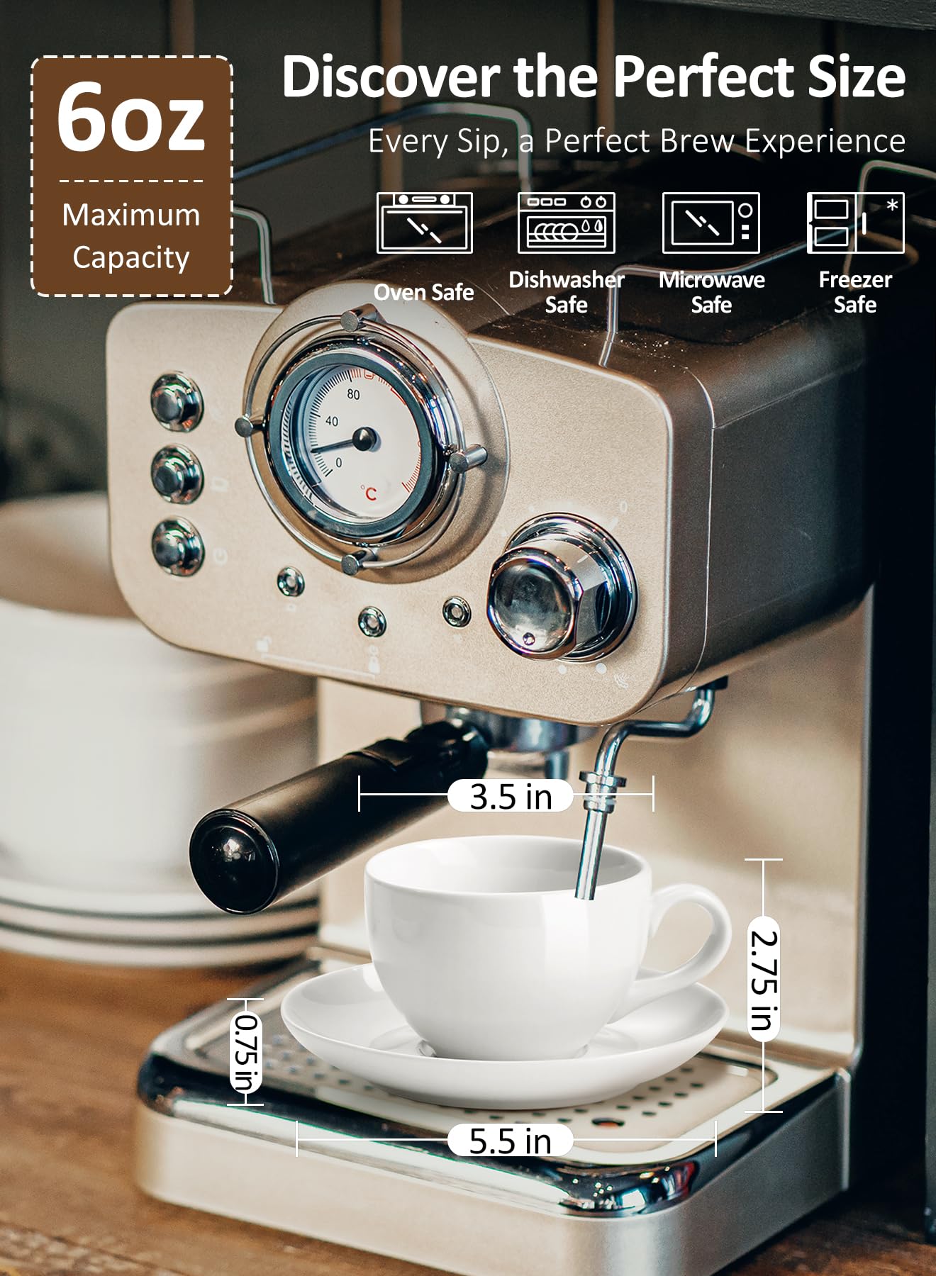 Juego de tazas de café de porcelana con platillo, taza de porcelana blanca de 6 onzas y platillos para capuchino, expresso, café latte, bebidas de café y té, juego de 6