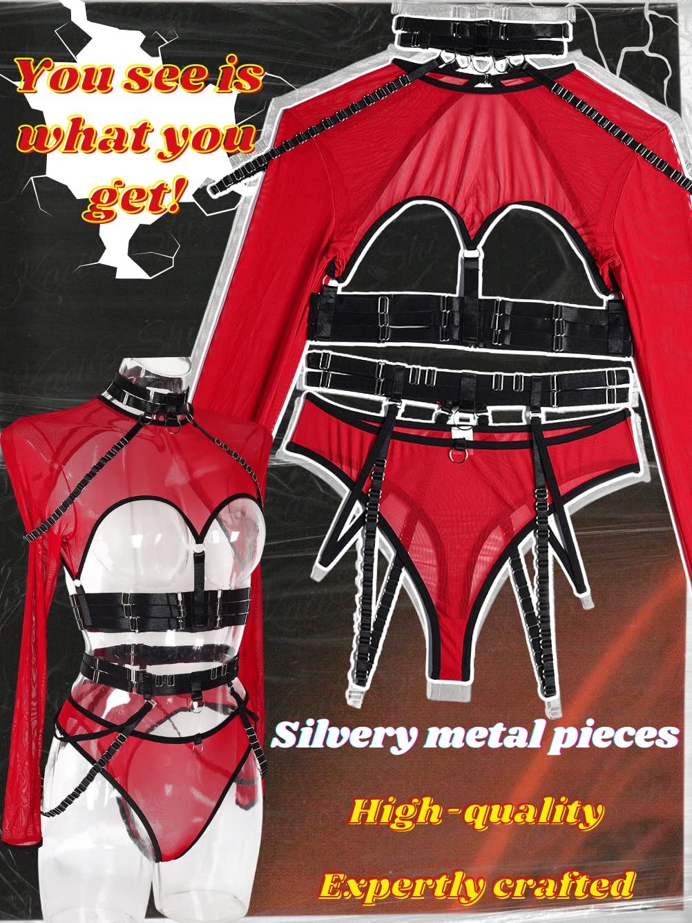 Kaei&Shi Rave Outfit, Adjustable Strappy, Contrast Color, Choker, Chain Belt: Red-black 8-10