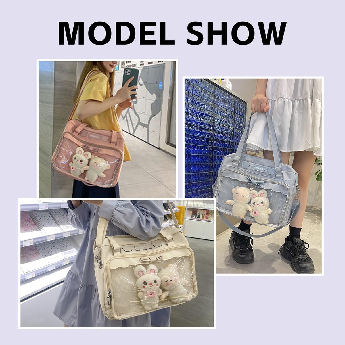 Ita Bag Kawaii Crossbody Bags Japanese Messenger Purse Clear Compartment & 2 Cute Plush Dolls for Women Blue