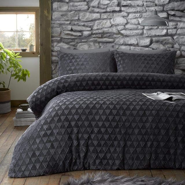 LJ Geo Style Teddy Fleece Luxurious Duvet Cover Sets Super Soft Warm Cosy Sherpa Fleece Quilt Cover Sets Bedding Sets (Charcoal, Double Size)