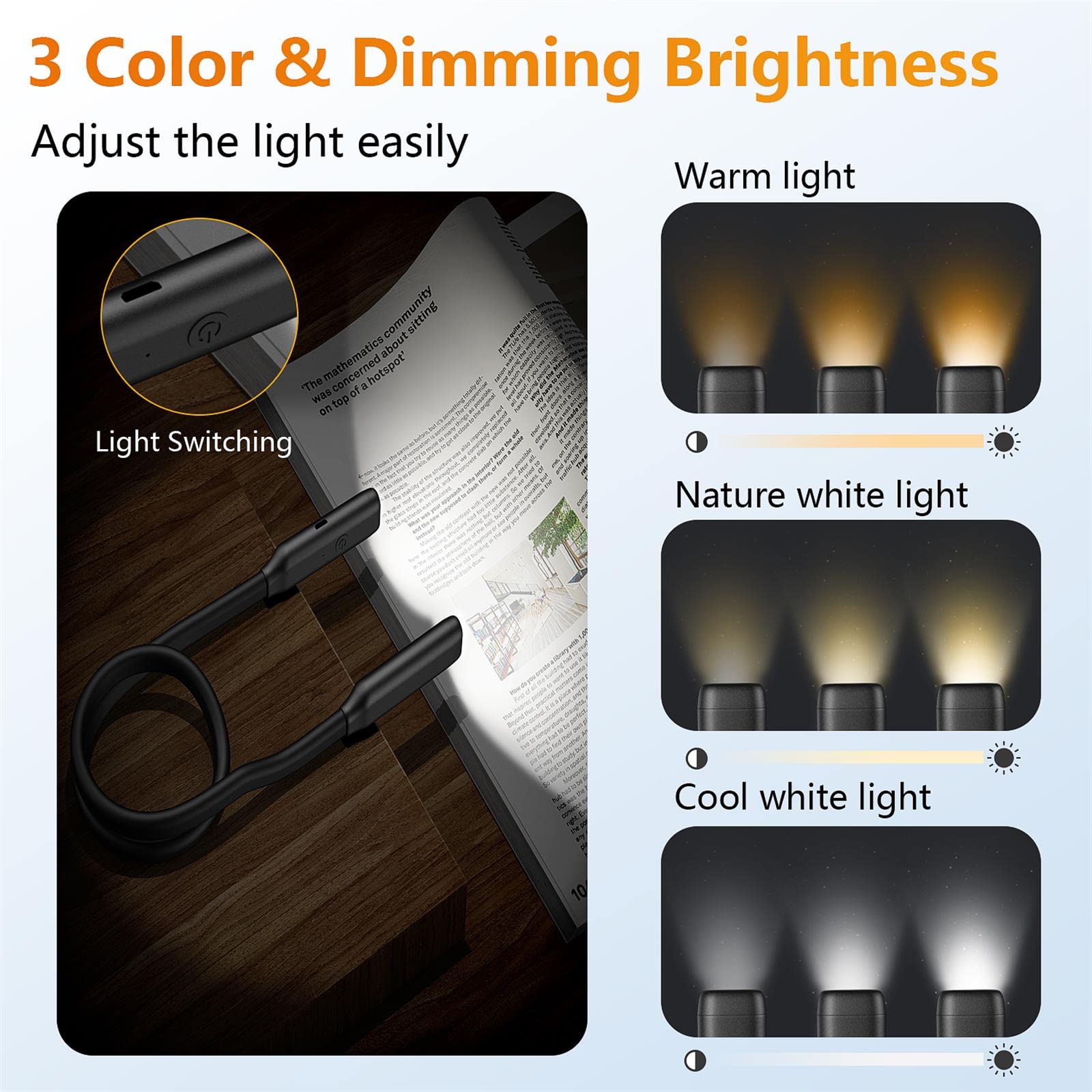 GONDSILY Book Light LED Neck Reading Light,Bendable Rechargeable Book Light for Reading in Bed,Eye Friendly - 3 Colors & 3 Brightness Levels Perfect for Bookworms Kids Crafts Knitting Travel (Black)