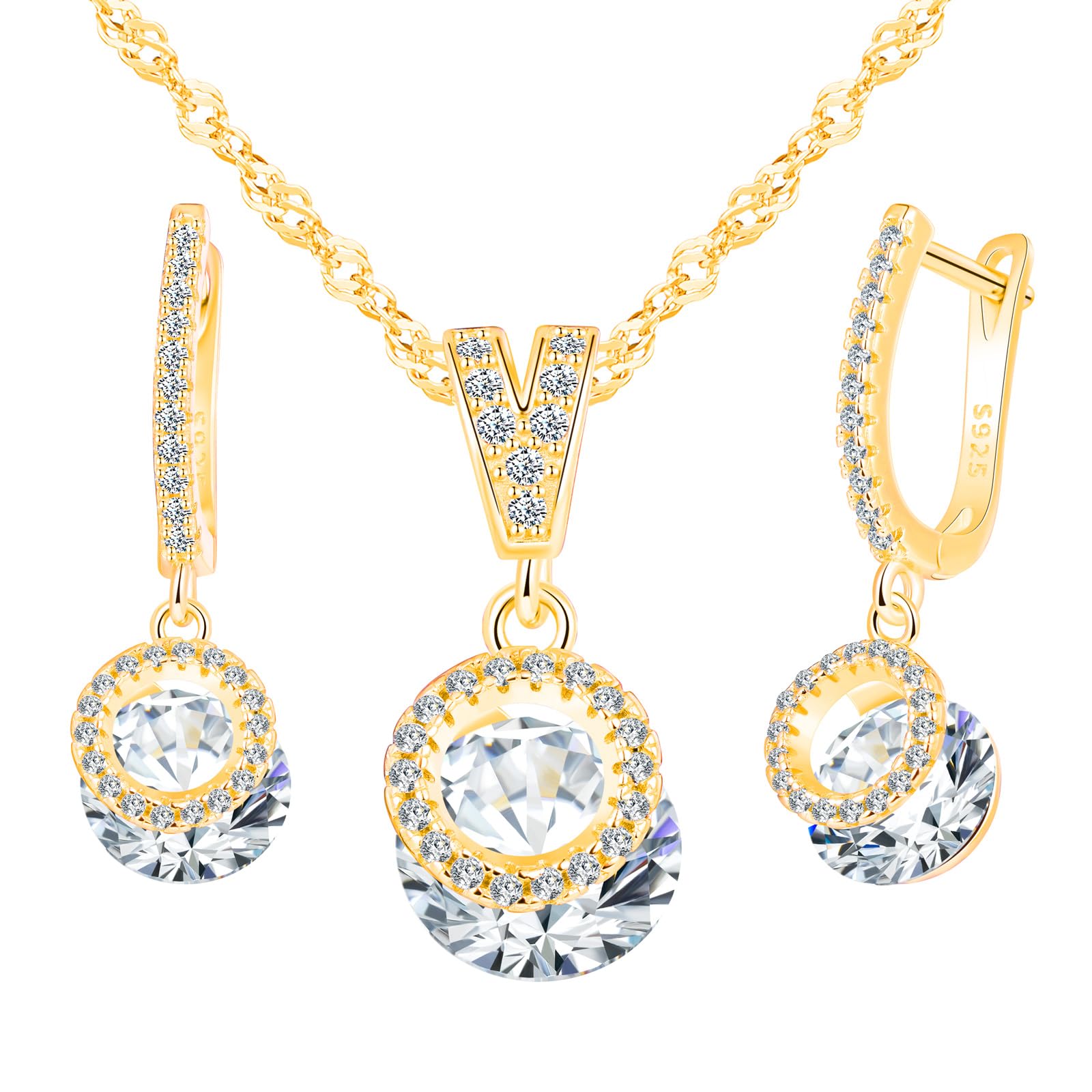 Set di Collana e Orecchini Zircone, Parure Gioielli in Argento 925 per Donna, Orecchini Pendenti Rotondi a Cerchio con Zirconi Collana con Ciondolo, Gioielli per Mamma Fidanzata