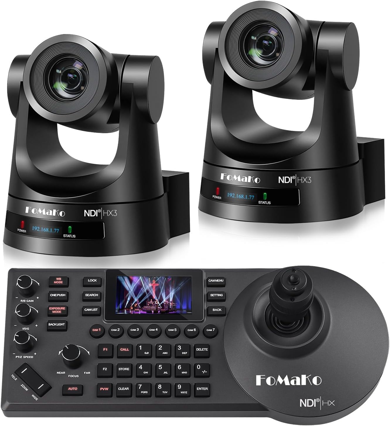 FoMaKo BN302 Ensemble de Caméra PTZ NDI HX3, 30x Zoom Optique, Suivi-Automatique IA 1080P 60ips avec 3G-SDI HDMI USB3.0 LAN(NDI|HX3, NDI6, PoE), 2*Caméra 30x Zoom NDI + 1* Contrôleur PTZ NDI