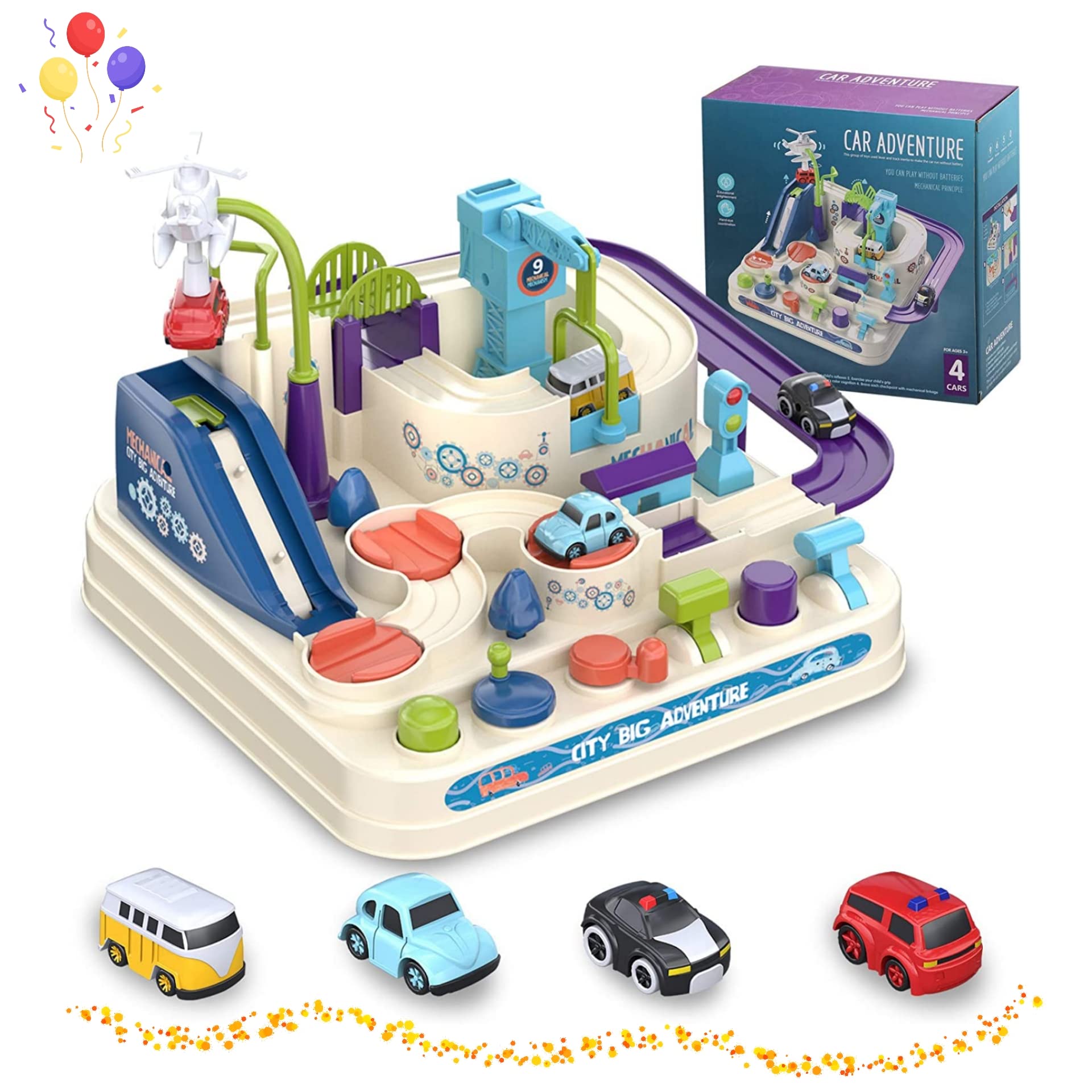 Car Adventure Toys for 3 4 5 6 7 8 Year Old Boys Girls, Race Tracks Toy for Boys with 4 Toy Vehicle, Preschool Educational Toy Car for Boy, Interactive Classic Toys Vehicle, White