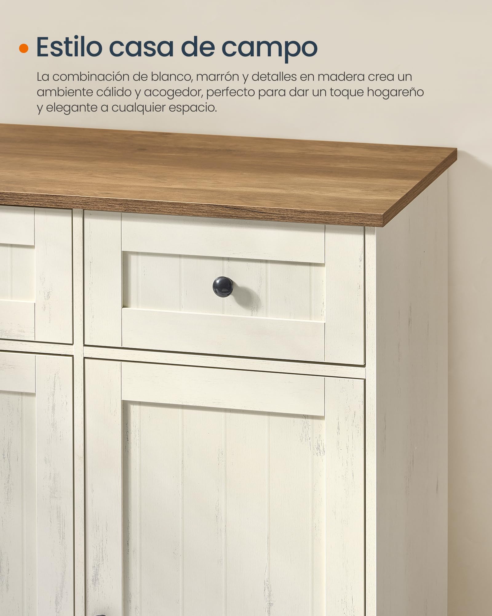 SONGMICS HOME Aparador, Montaje Súper Rápido Sin Herramientas Toolless, Mueble de Cocina con Encimera, Estantes Ajustables, Blanco Rústico y Marrón Miel BBK376WJ02