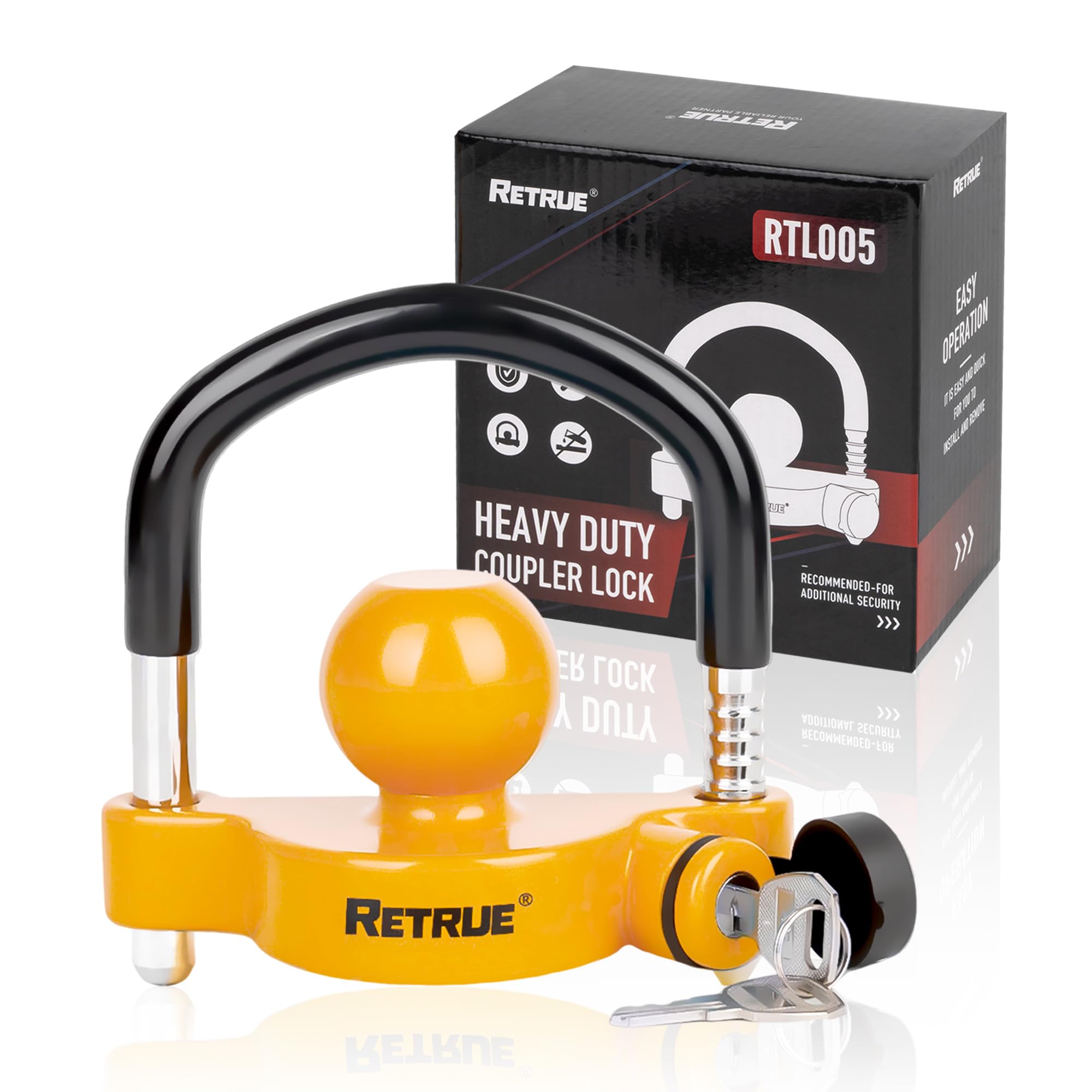 RETRUE Universal Trailer Coupler Hitch Ball Lock, with Cover &amp; Cap, Yellow
