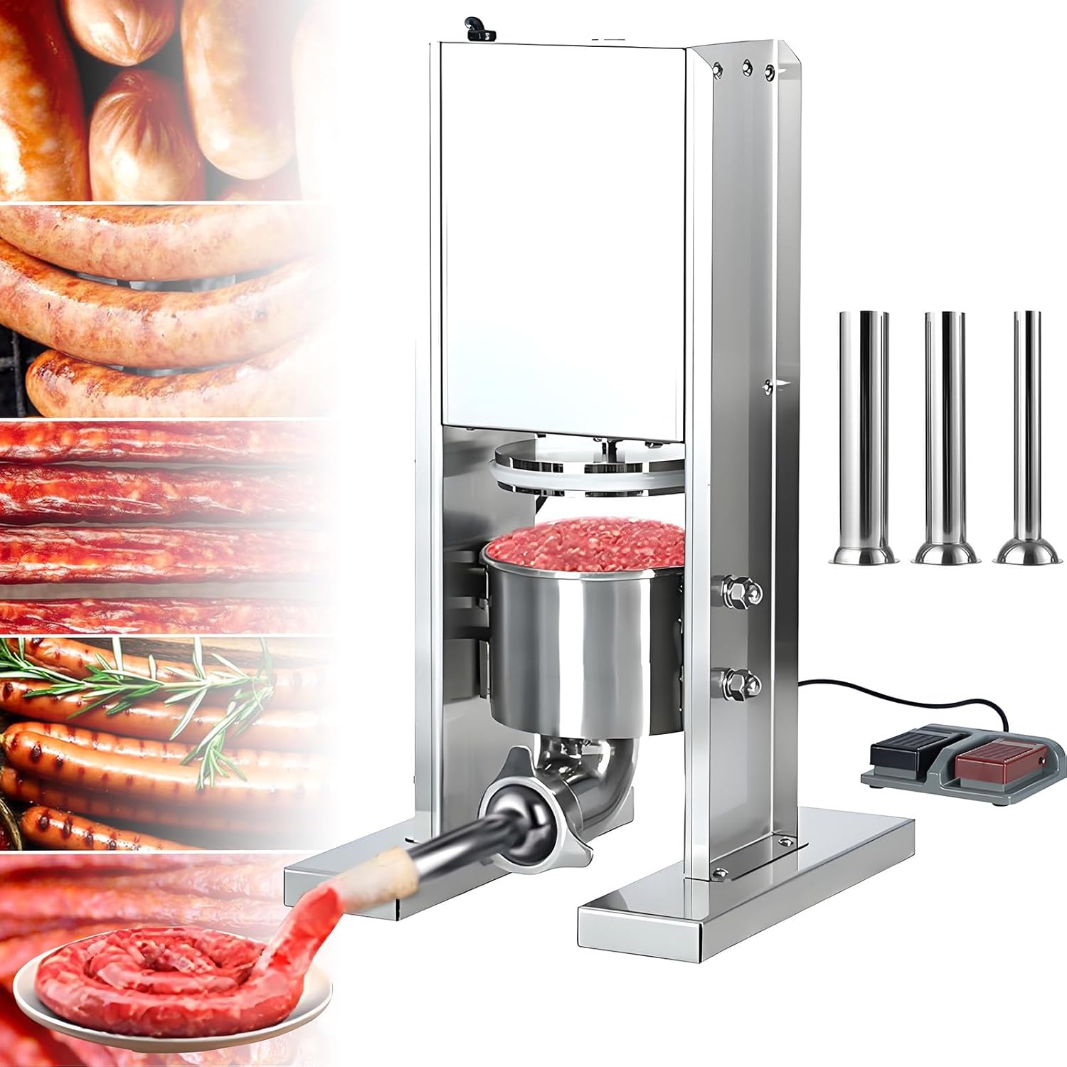 Electric Sausage Stuffer,2L Tiltable Hopper,Stainless Steel Heavy Duty Sausage Stuffer Machine,Vertical Meat Filler with Foot Pedal,Sausage Maker with 3 Nozzle Diameters 13mm,19mm,32mm