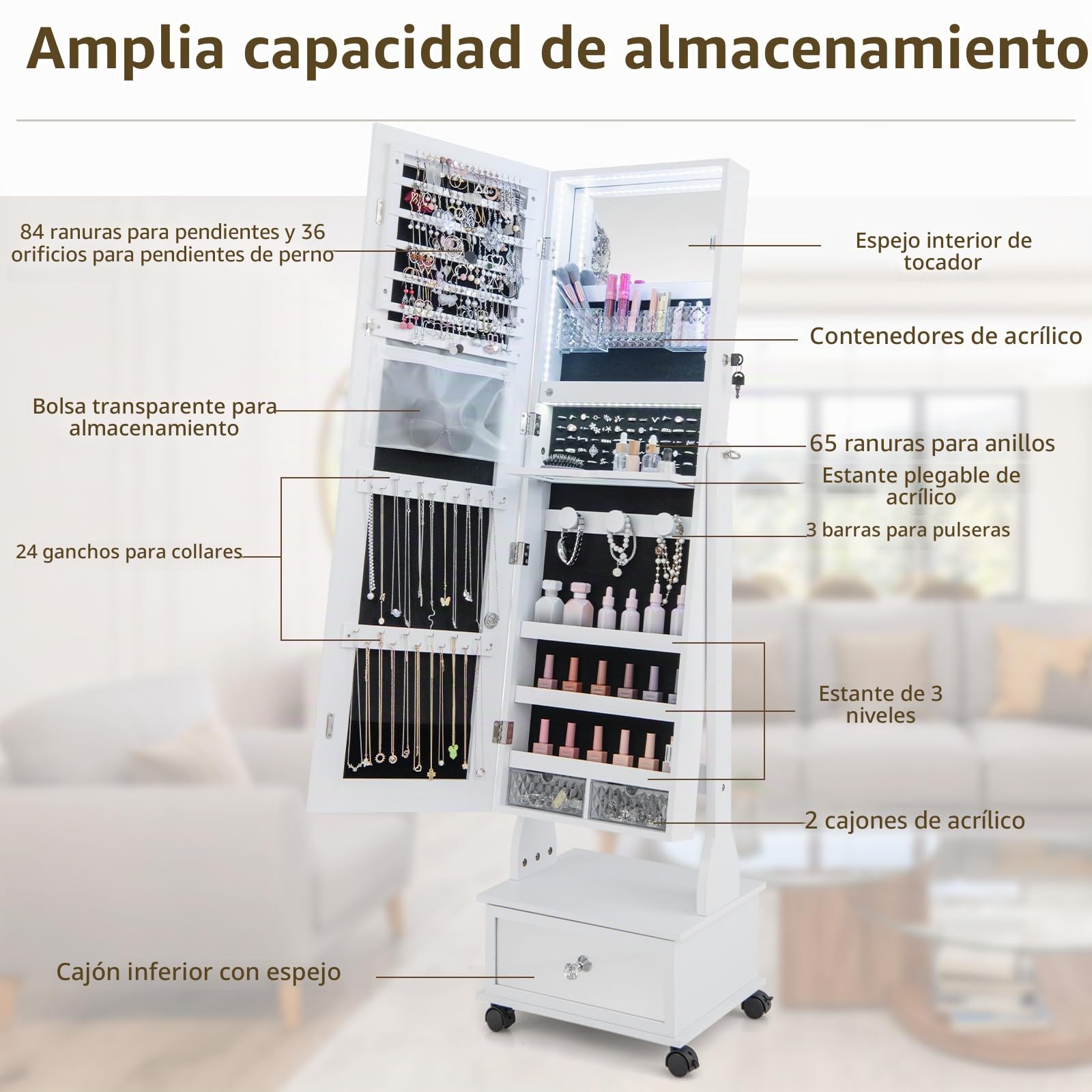 RELAX4LIFE Espejo joyero de suelo, armario joyero con luces LED, 3 ángulos ajustables, 4 ruedas universales, organizador para joyas y accesorios (blanco, 35 x 42 x 159 cm)