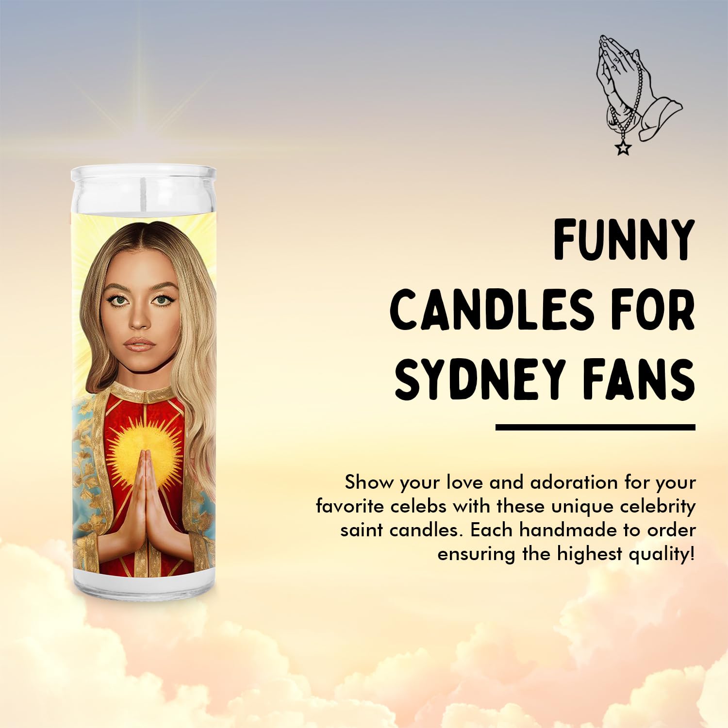 Sydney Celebrity Prayer Candle – Euphoria & Anyone But You Star Decor, White Lotus Inspired Gift, Pop Culture Saint Candle for TV and Movie Fans
