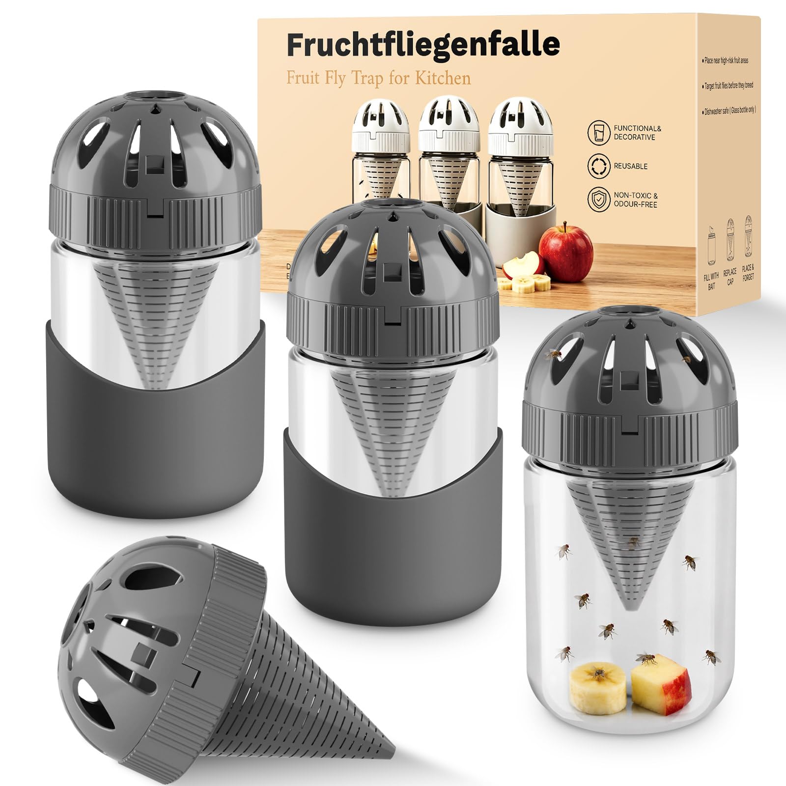 3 Pack Fruit Fly Trap, Decorative Reusable Fly Trap Indoor Flies Catcher, Highly Effective Glass Live Trap for Home Kitchen Use (Dark Gray Lid +Dark Gray Cover)