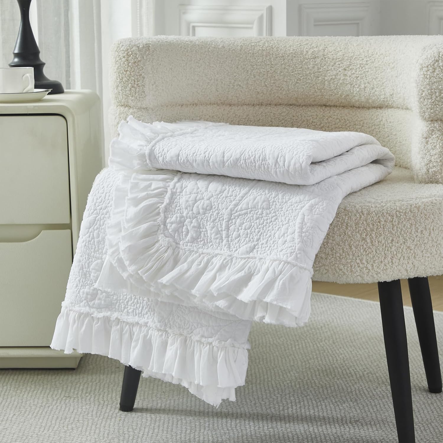 Brandream White Quilt Set Cotton Queen Size Shabby Chic Cottagecore Bedding Matelasse Coverlet Set Ruffle Bedspreads 3-Piece - Image 5