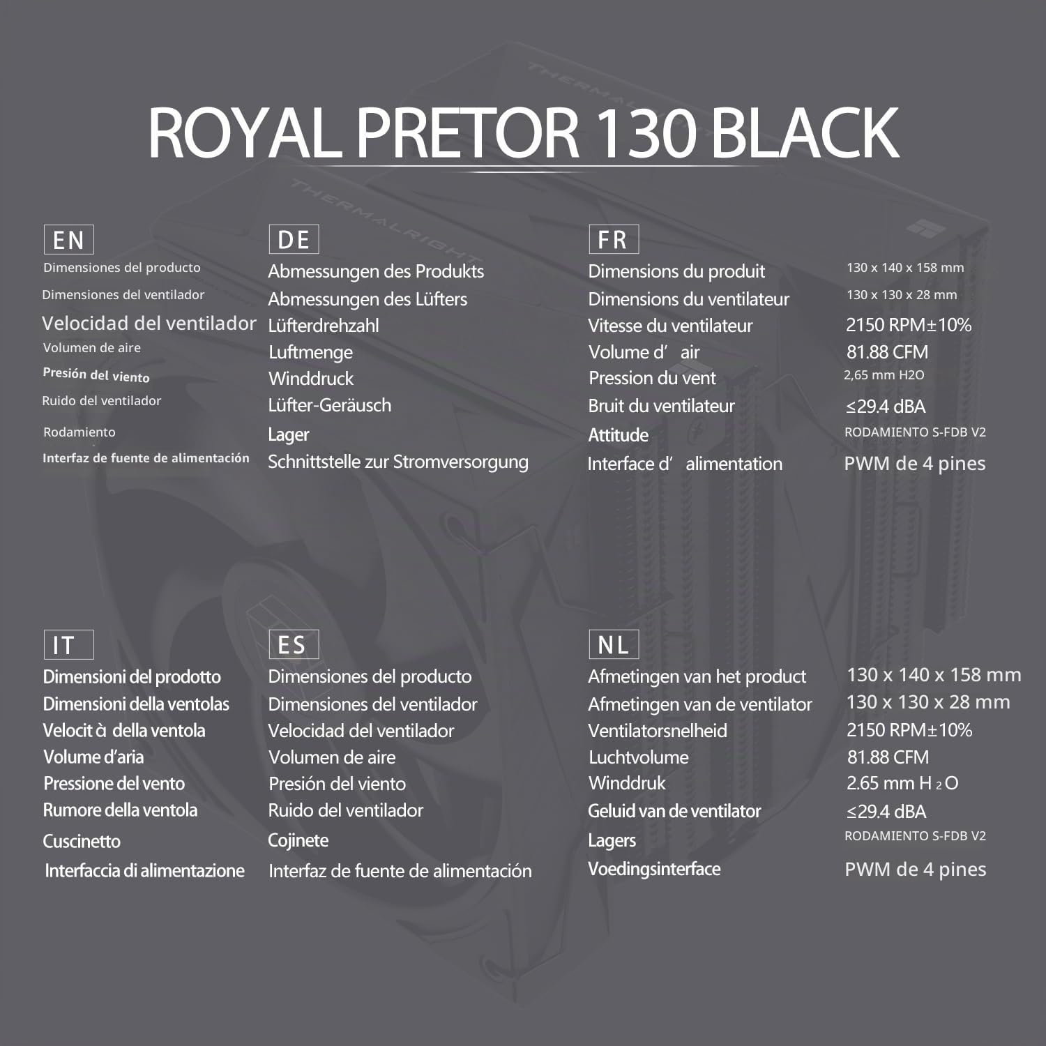 TR-Thermalright Royal Pretor 130 Black, Enfriador para CPU,Doble torre con 6 tubos de calor, Doble ventilador PWM,Cubierta superior con acabado mate cepillado en negro,Para AM5/AM4, Intel LGA1851/1700