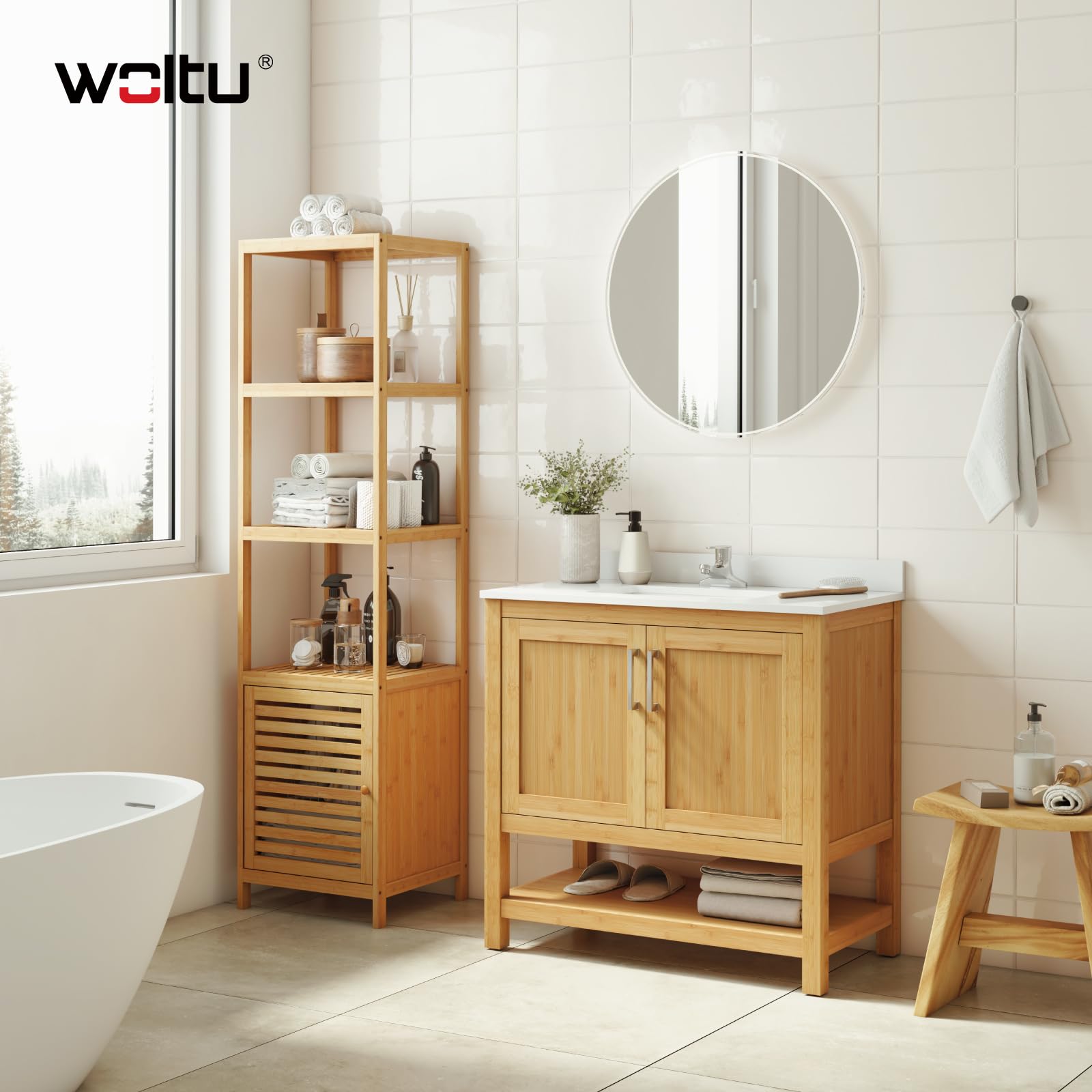 WOLTU Meuble Salle de Bain Bambou, Étagère Colonne pour Salle de Bain | avec 4 Tablettes Ouvertes, 1 Placard avec Porte à Lamelles, 36x33x140cm