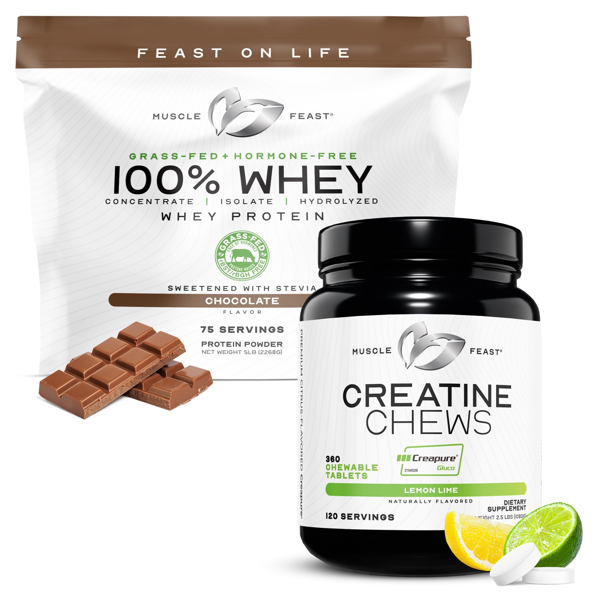 Muscle Feast 100% Whey + Creatine Candy Bundle: 1 100% Whey Protein (Chocolate, 5lb) + 1 Creatine Candy (Lemon Lime, 360) | Premium Supplements, Vegetarian, Glu