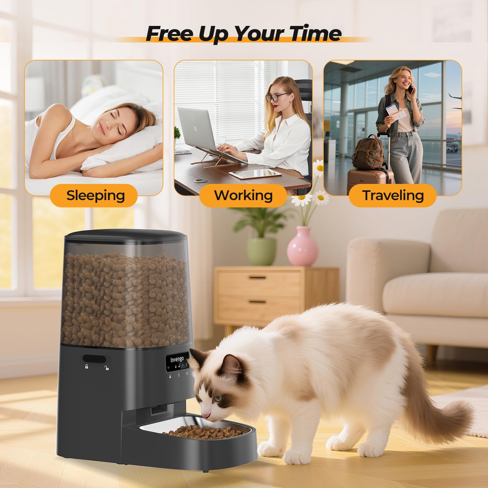 Invengo Automatic Cat Feeder with App Control, 5L Food Dispenser for Cats and Small Dogs, 2.4/5G Wi-Fi, Dual Power, Programmable Portions, Anti-Jam & Fresh-Lock, Stainless Steel Bowl, Easy to Clean - image 8