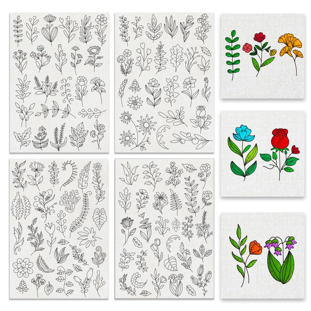 BENECREAT 4 Sheets Plants Sewing Embroidery Stabilizers, 109pcs Flowers Grass Embroidery Paper with Pre-Printed Water Soluble Stabilizer for Embroidery Hand Sewing Lover Beginners