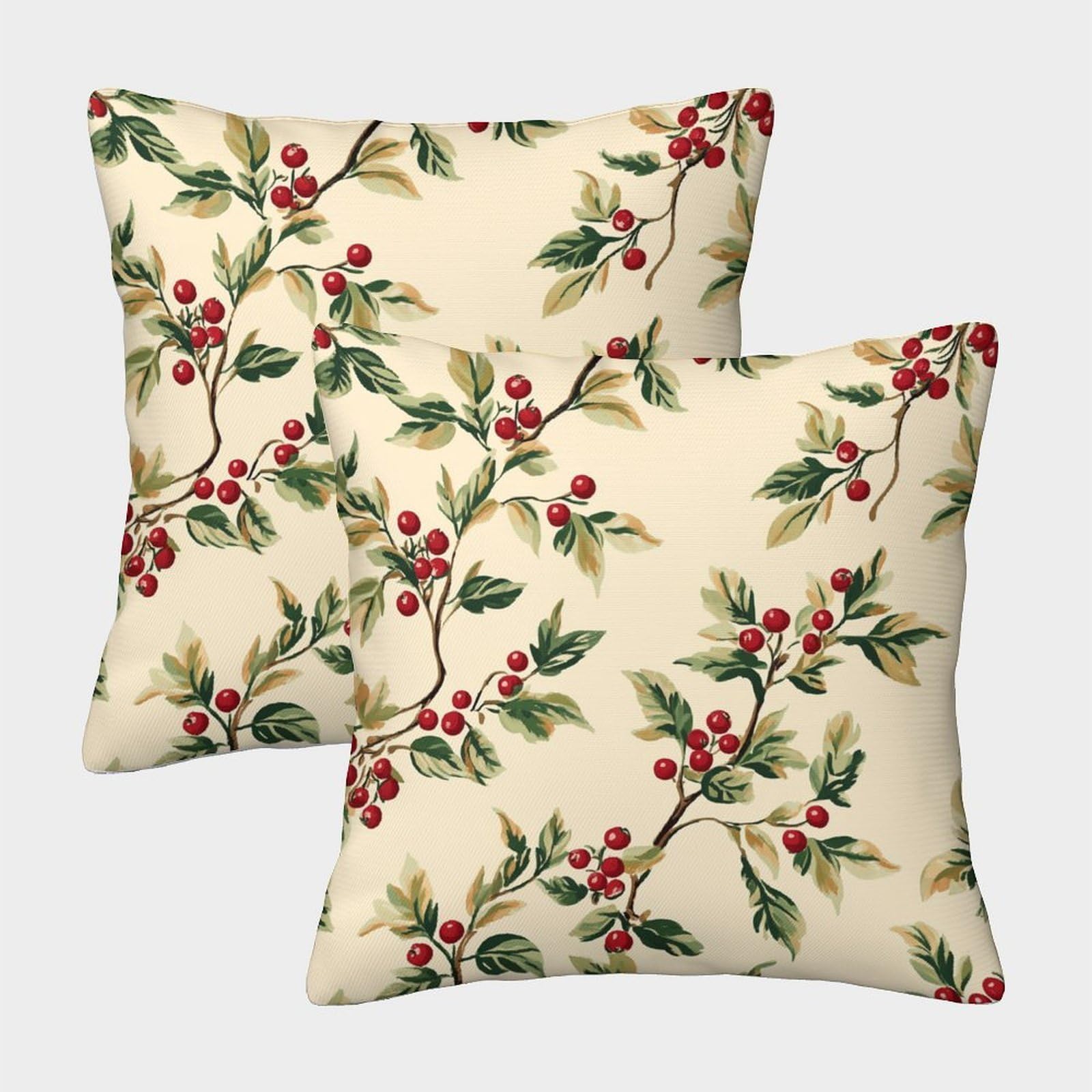 kaiyun 2 Pack Holly Berry Blossoms Pillow Case Home Decoration Sofa Vintage Cream Cushion Cover 45x45cm