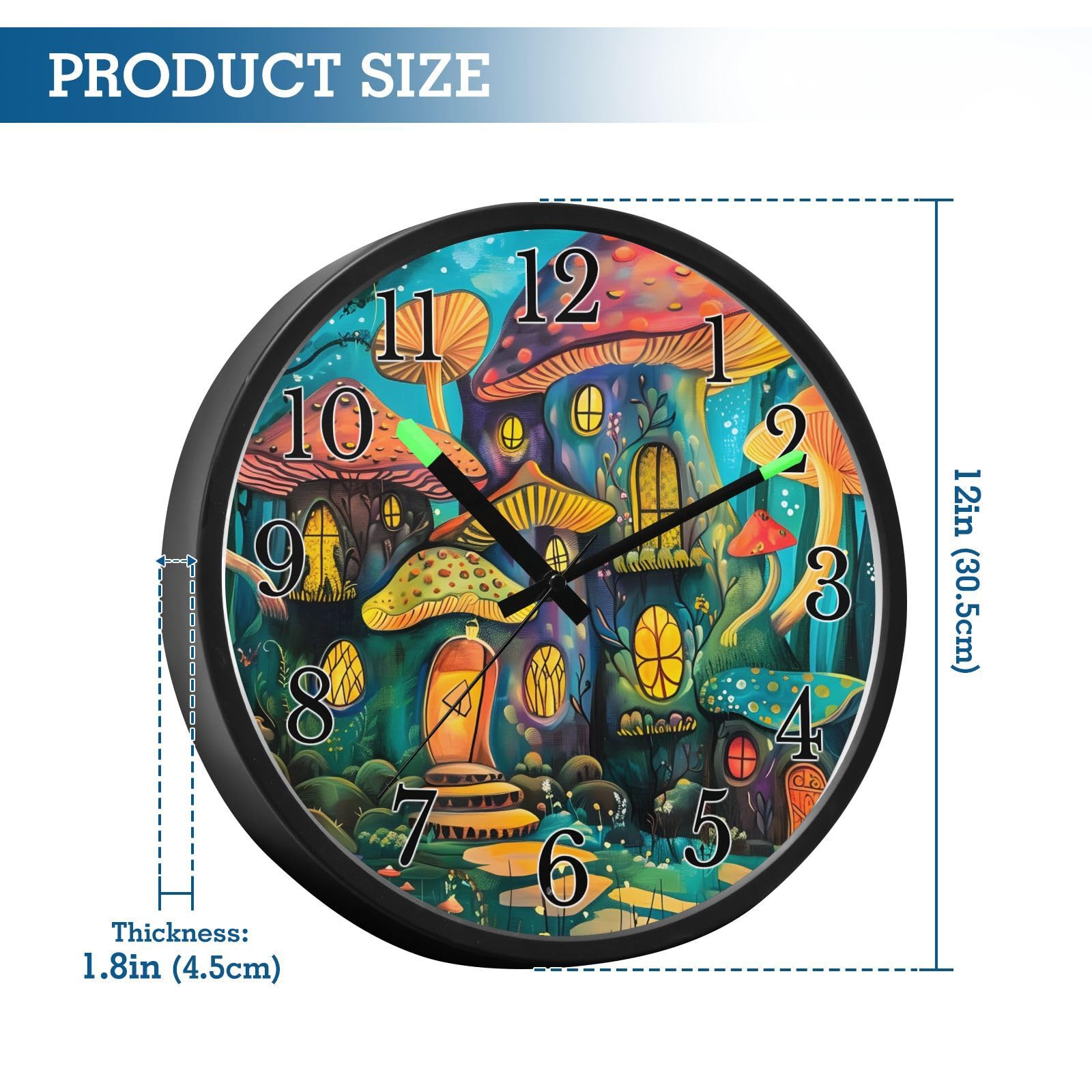 Mnsruu Reloj de pared luminoso con diseño de hongos, conciertos de bosque, reloj de dormitorio, funciona con pilas, reloj silencioso que brilla en la oscuridad, para sala de estar, cocina, 30,5 cm