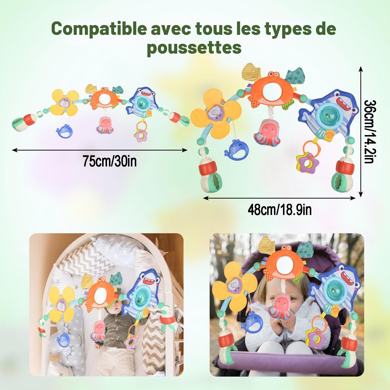 Arche Eveil Bebe, Réglable Arche D'activités pour Bébé avec Hochet Moulin à Vent, Arche Poussette Bebe pour Plupart Poussettes, Jouets D'éveil Bebe Cadeau pour 0 3 6 12 Mois Garçon Fille