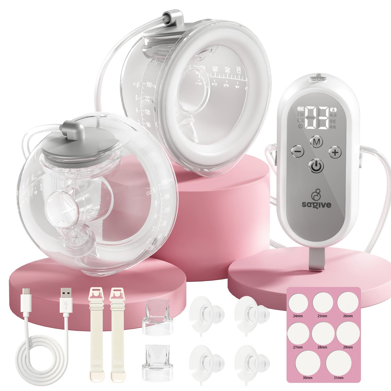 Saglve Tiralatte Elettrico Indossabile Senza Mani, 300mmHg Tira Latte Neonati Portatile con 4 Modalità 12 Livelli, 80g Breast Pump Electric Ricaricabile 21/24mm Flangia per Puericole Lavoro Viaggio