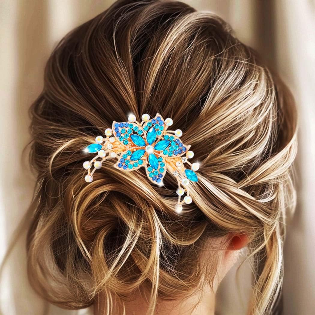 Jovono Rhinestone Bridal Hair Comb Gold Bride Wedding Flower Crystal Headpieces Vintage Hairpins for Women (Blue)