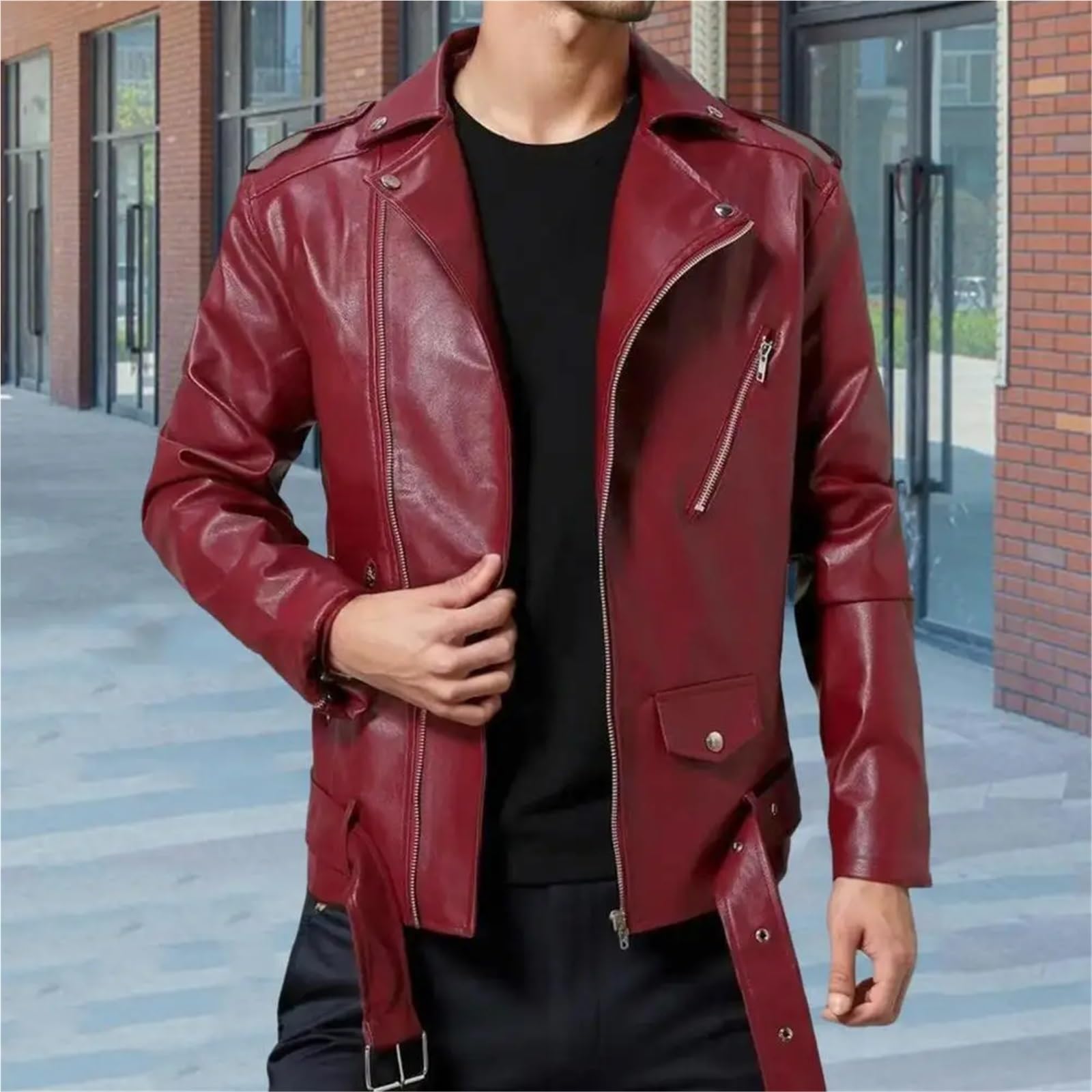 Chaqueta Cuero Mujer Chaqueta de piel sintética for hombre, estilo moderno, corte entallado, con cremallera diagonal y ajuste cinturón Para salir
