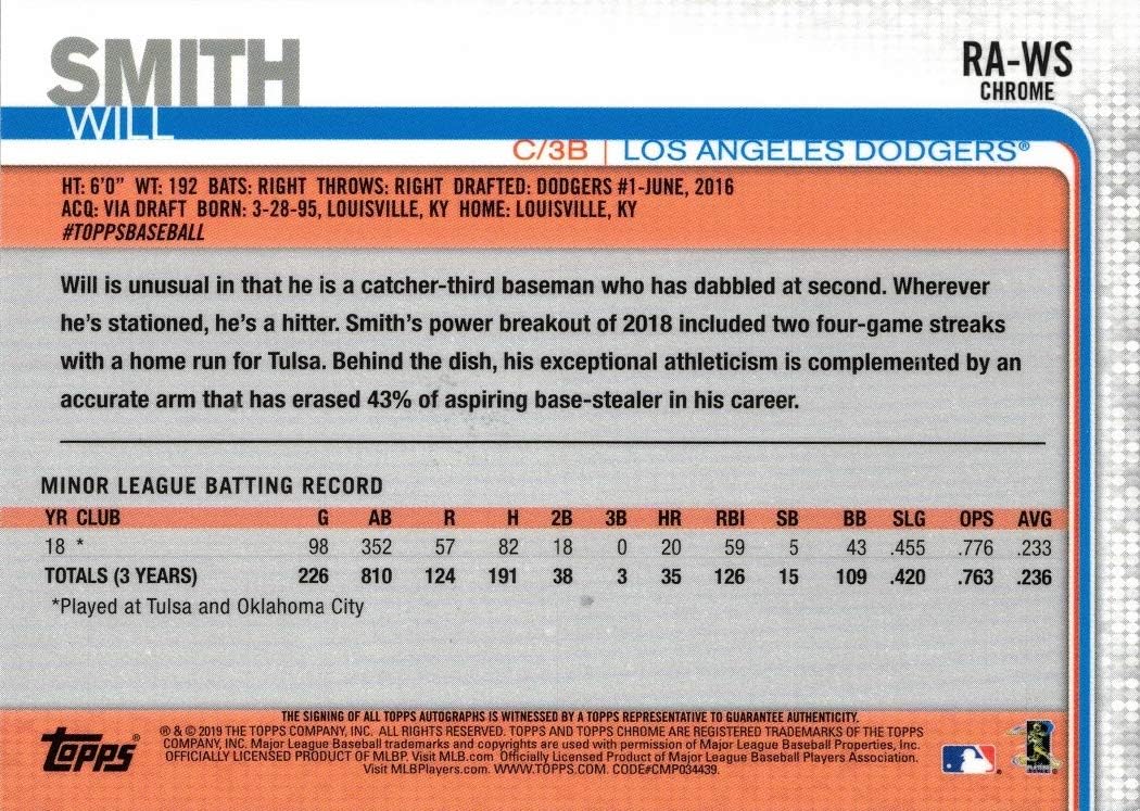 2019 Topps Chrome Baseball #RA-WS Will Smith Certified Autograph Rookie Card - Dodgers Catcher