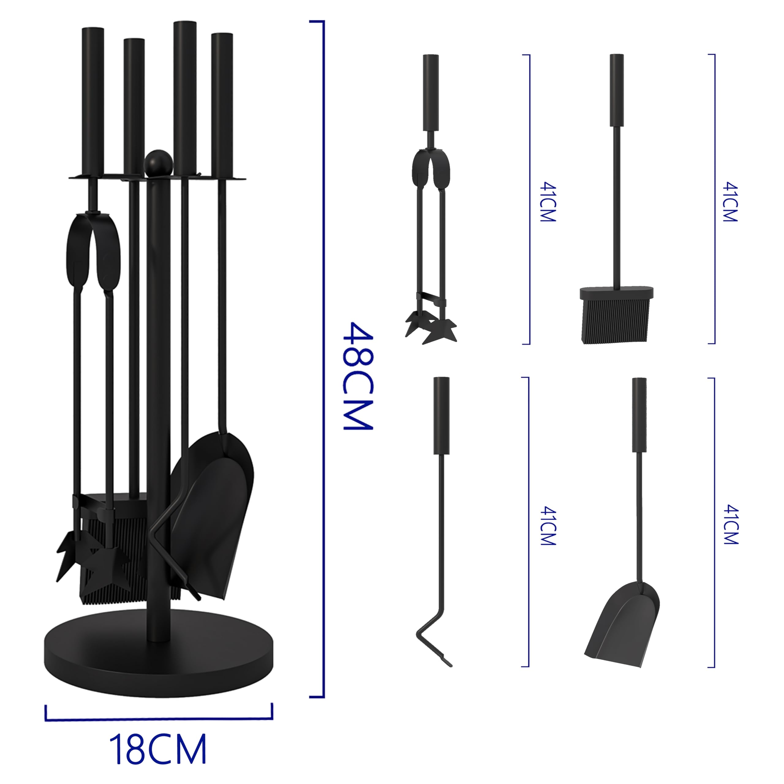 Kingson - Juego de 5 piezas para chimenea negro – Dia18x48cm – Accesorios para quemador de leña – Kit completo de herramientas para el mantenimiento de chimeneas