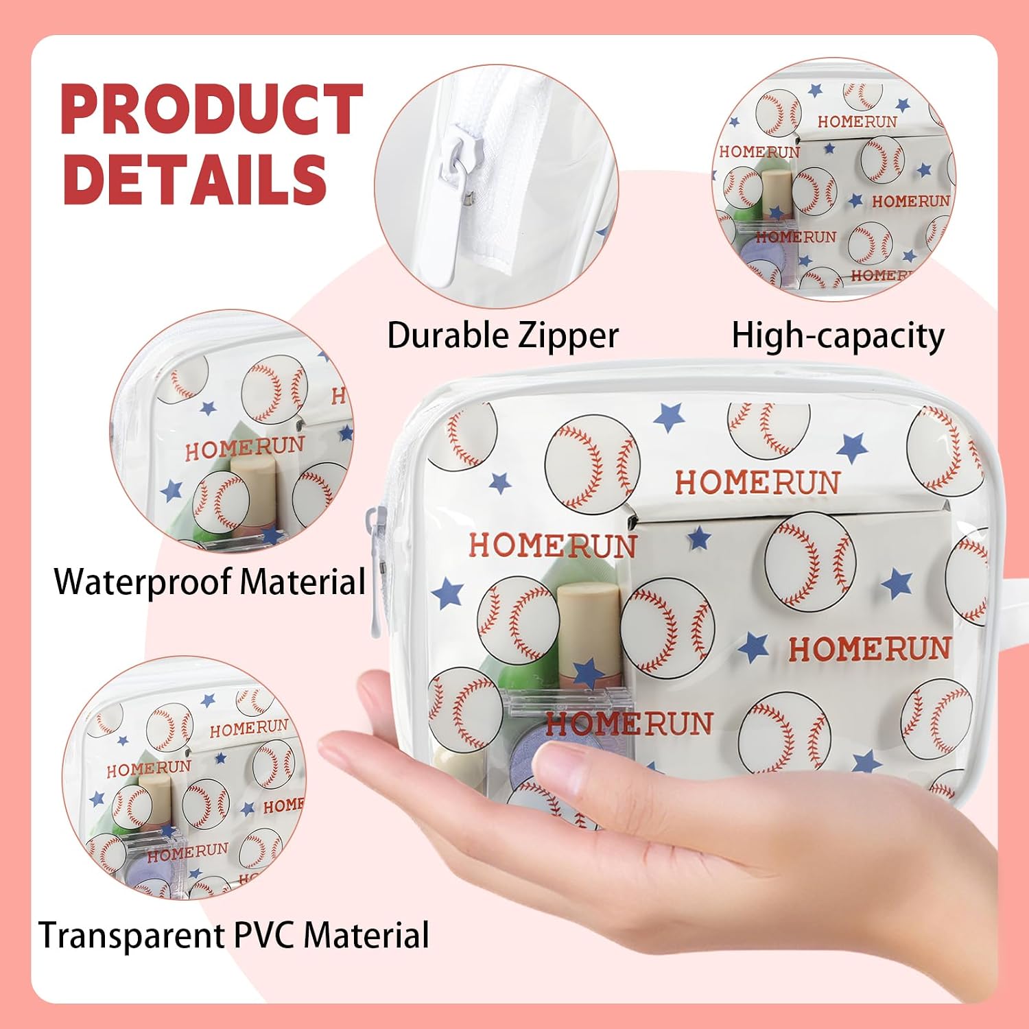 Lebaley 16PCS Baseball Team Gifts Cosmetics Bag - PVC Clear Portable Makeup Bags Organizer 7 x 5.5 x 1.77 '' Waterproof Sport Zippered Toiletry Carry Pouch for Baseball Coach Travel Party Supplies