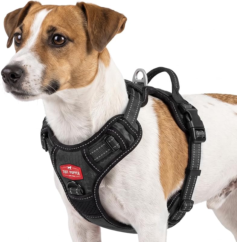 Tuff Pupper No Pull Easy Walk Dog Harness | Heavy Duty Pet Vest | Front & Back Leash Clips | Strong Safety Handle | Reflective Anti Pull Vest | Comfortable Padded Escape Proof Harness (Small, Black)