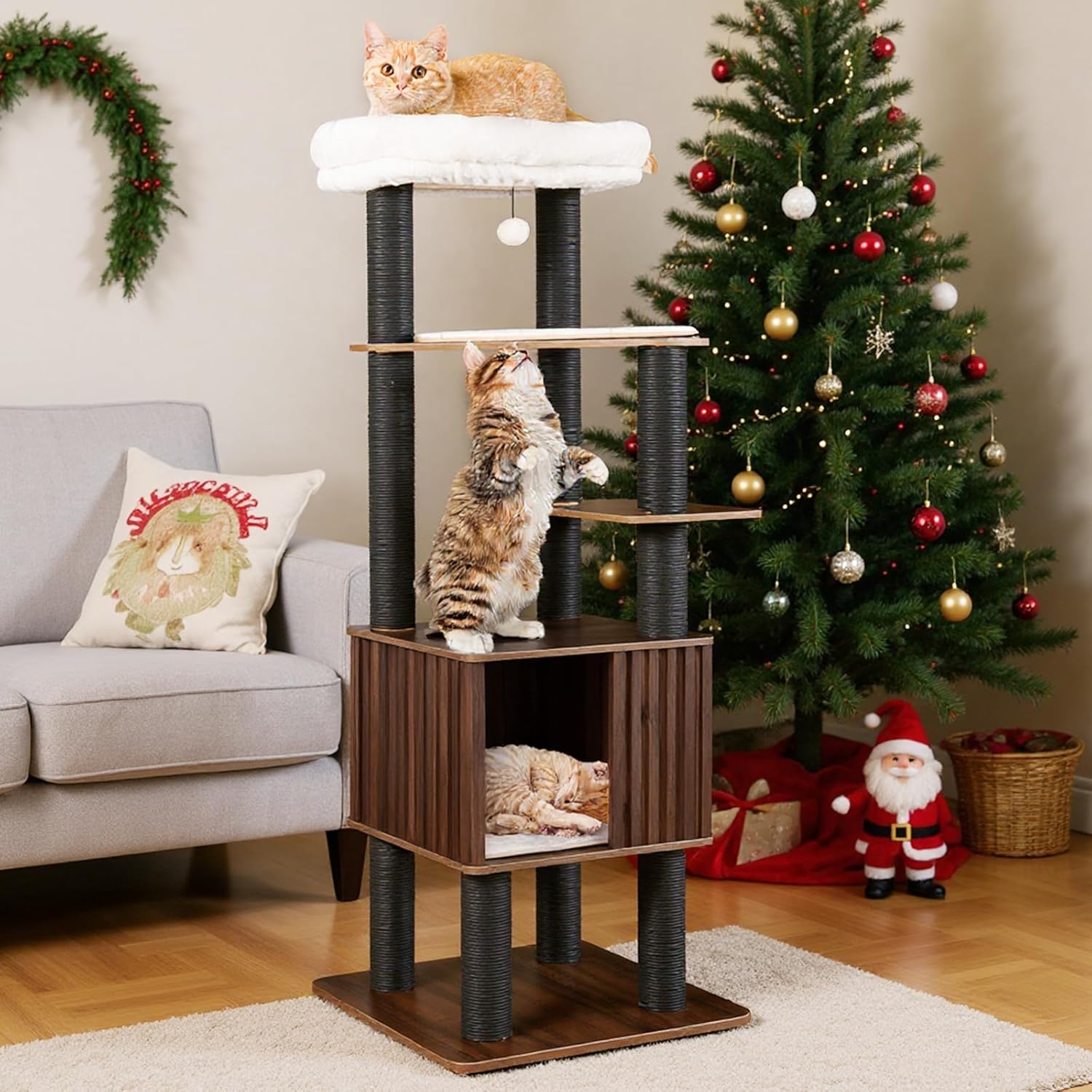 PETSITE 64-inch Wooden Cat Tree, Multi-Level Modern Cat Tower with Scratching Posts, Spacious Condo with Top Cat Hole and Removable Soft Pad, Comfy Padded Top Perch, and Dangling Ball