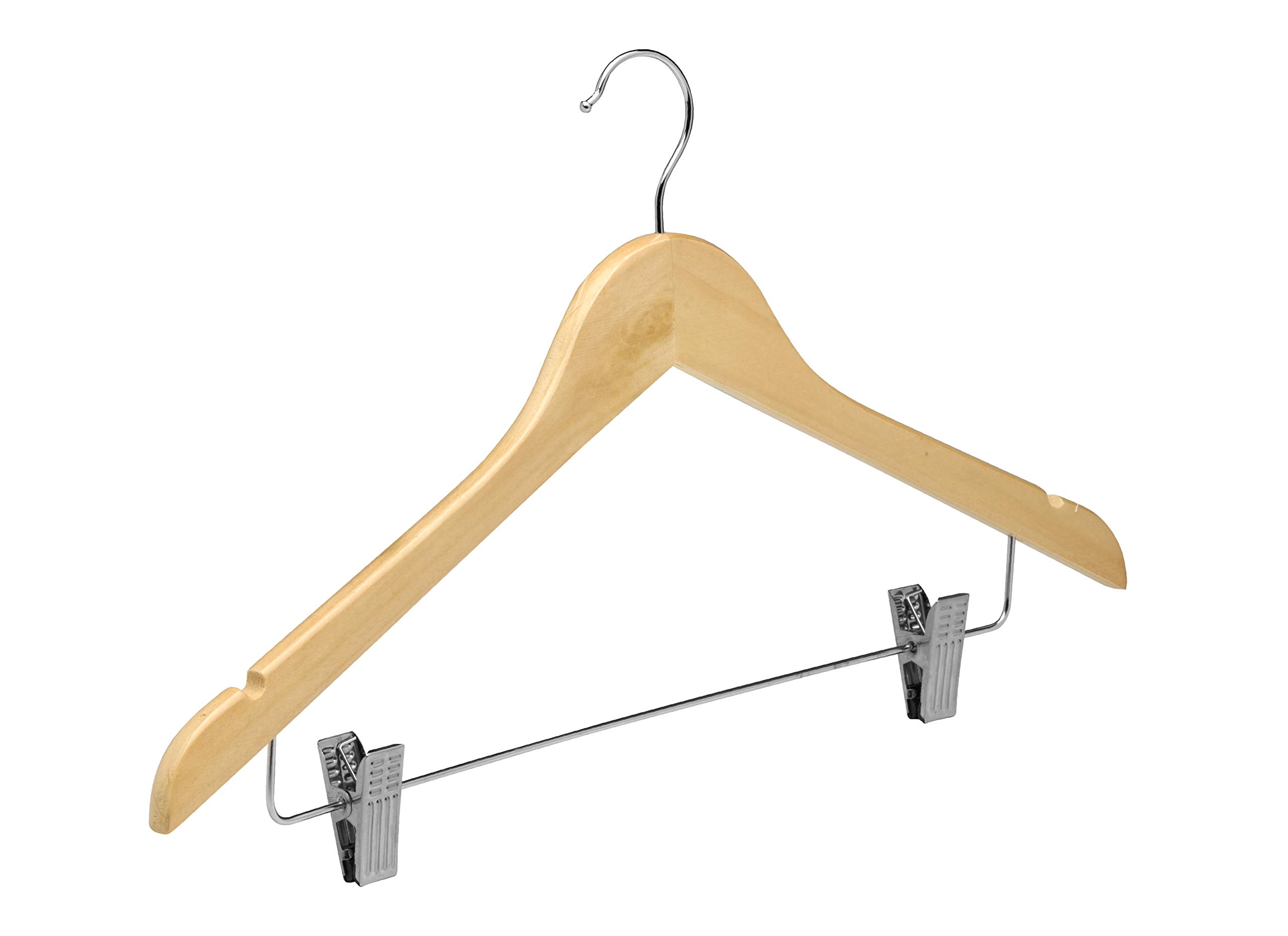Percha con Pinzas (Pack de 24 Und de 45cm) - (Color Madera Natural) Ideal para Pantalones, con Muescas para Tirantes y Gancho de Acero.