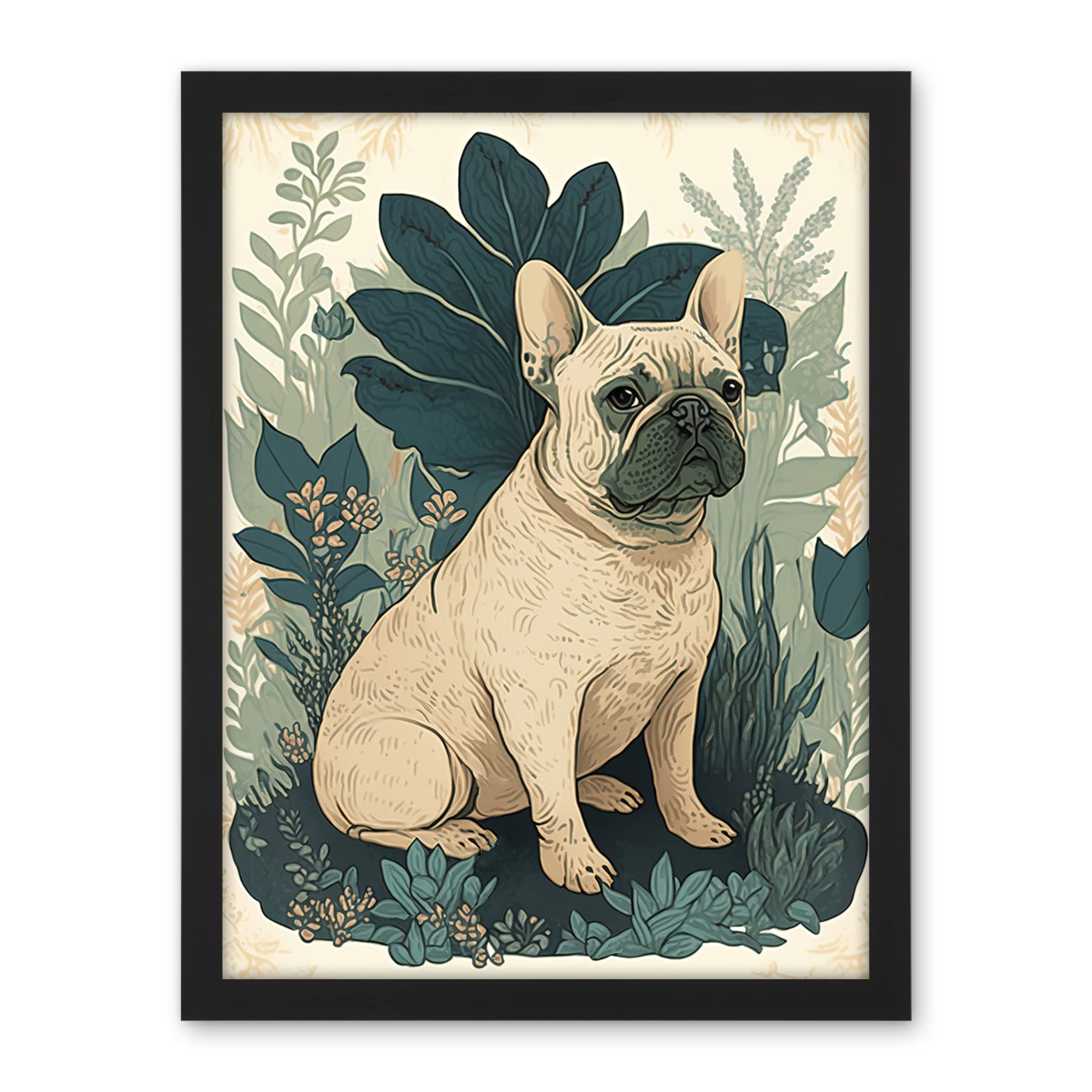 Artery8 French Bulldog and Tropical Plants Modern Pastel Colour Boho Illustration Artwork Framed Wall Art Print 18X24 Inch
