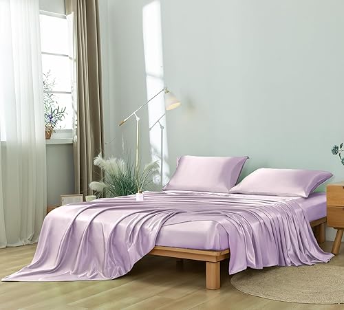 Revdomfly Juego de sábanas de satén de lujo de 4 piezas, 1 sábana bajera de alta calidad que absorbe la humedad que se adapta a un bolsillo de hasta