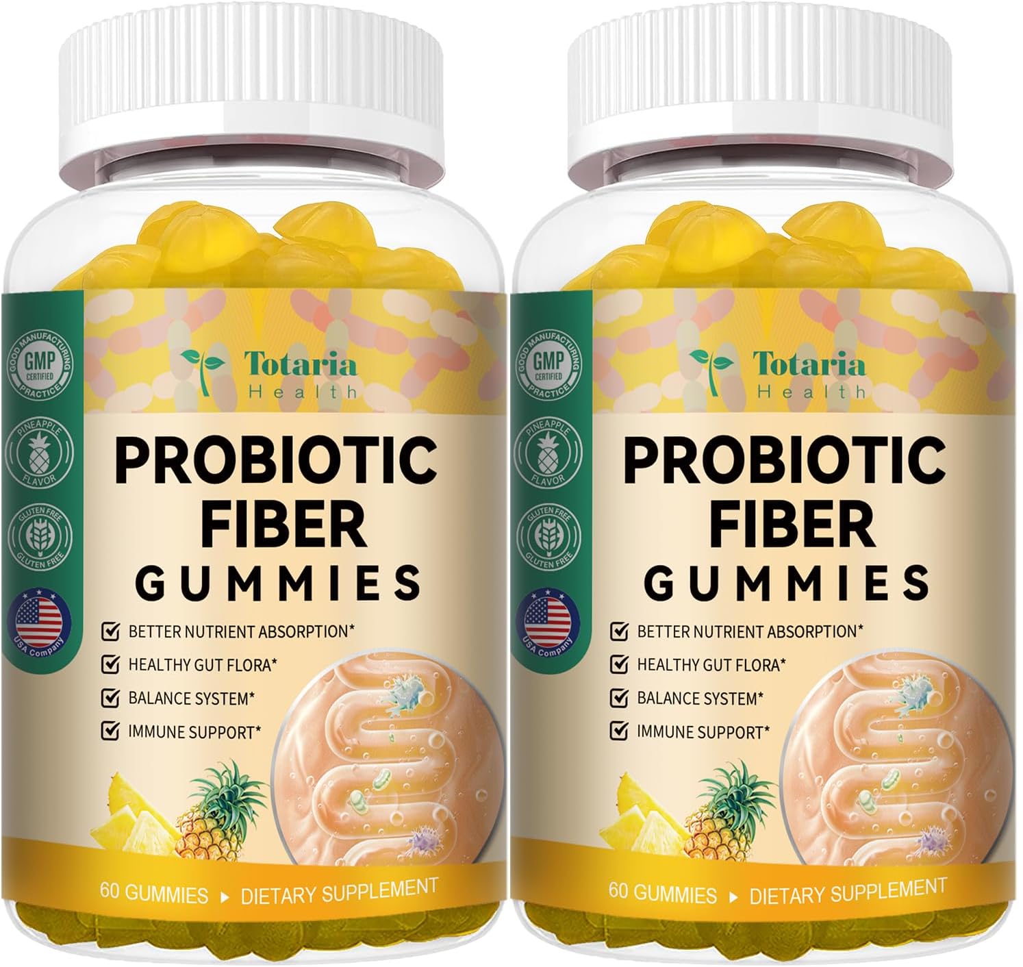 Totaria Probiotic Fiber Gummies, Pineapple Flavor, 60 Gummies per Bottle, 2 Bottles