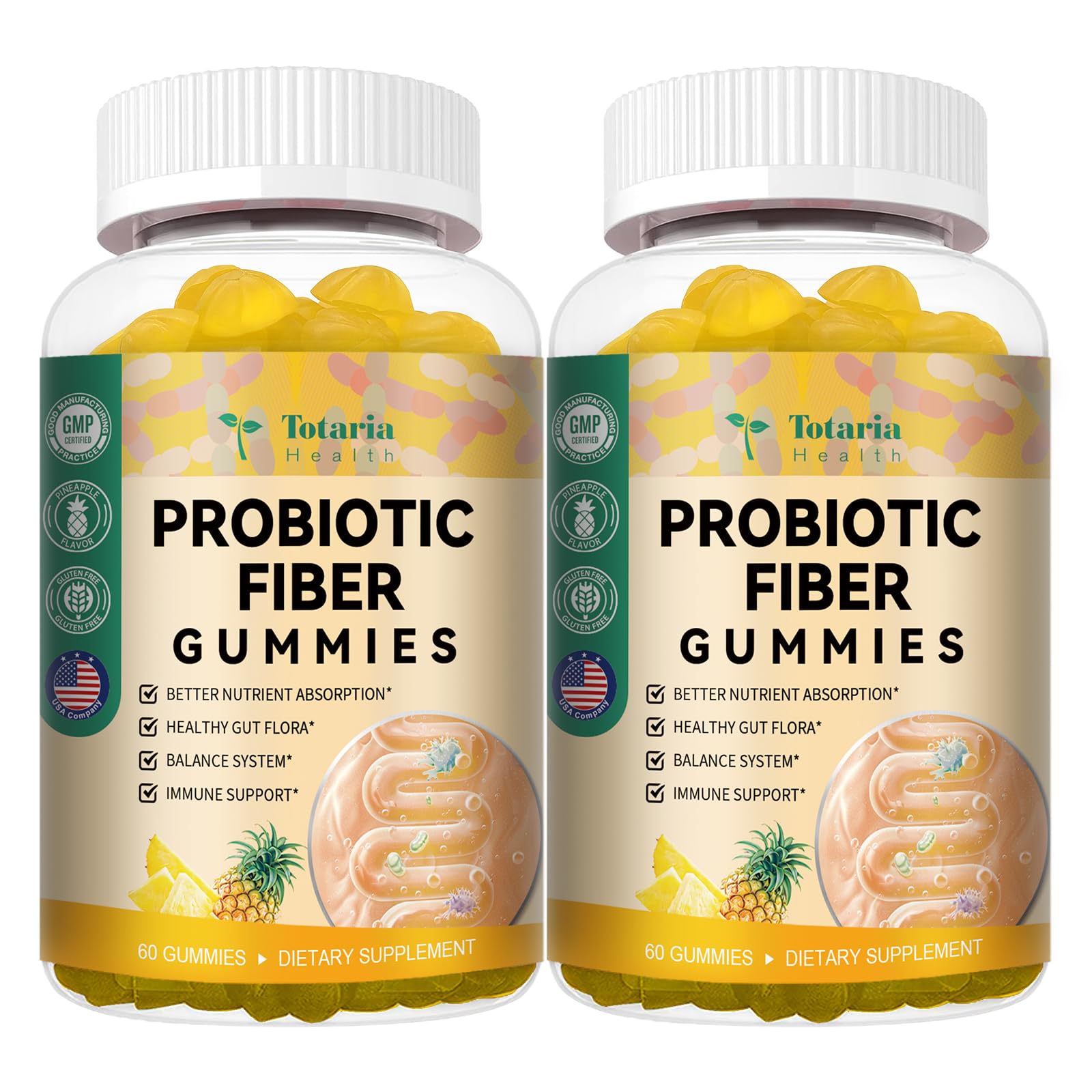 9-in-1 Sugar-free Probiotic Fiber Gummies for Adults Teens Pineapple 2 Btls Pineapple 60 Count (Pack of 2)
