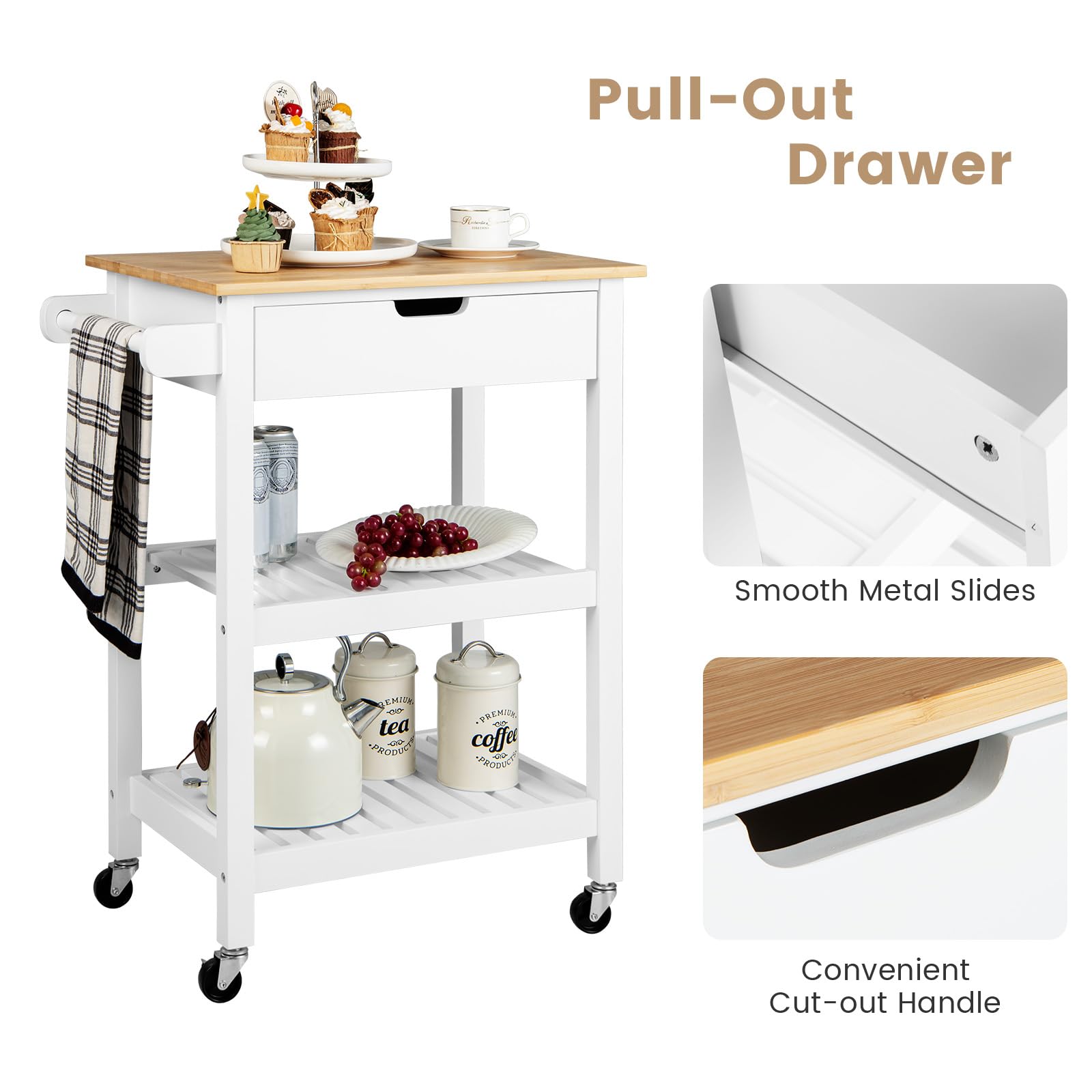 KOMFOTTEU Carrello da cucina in bambù e legno, carrello da portata su ruote, 66 x 40 x 85 cm, carrello da cucina con piano di lavoro, cassetto e 2 ripiani aperti, carrello portaoggetti (bianco)