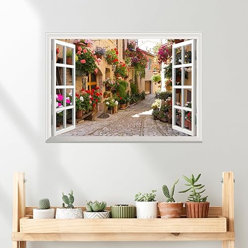 Miniatura 3 de HINIHAO Pegatinas de pared para ventana falsa en 3D, diseño de lago y isla de playa, sala de estar, dormitorio, pasillo, pintura decorativa (rosa)