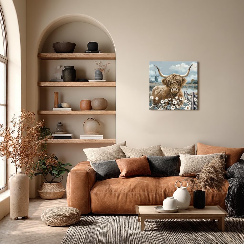 YUEYARIT Farmhouse Highland Cow Wall Decor in Neutral colour: Rustic Cow and Chrysanthemum picture Canvas Art Print, Gift for Bathroom or Kitchen, Ideal Animal Artwork for Living Room